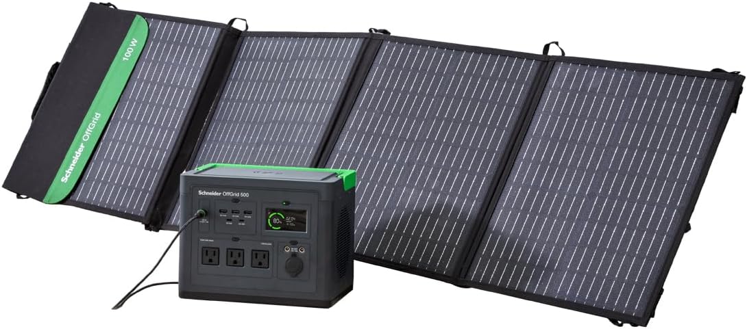 Schneider OffGrid Portable Power Station 500W PPS500 and 100W Portable Solar Panel PSP100 for Outdoor Camping RV Home Backup