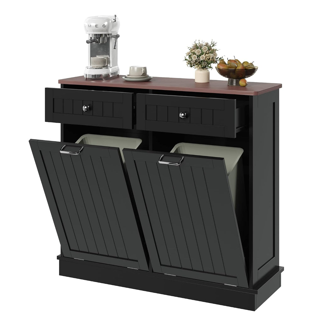 KIGOTY Double Tilt Out Trash Can Cabinet, 20 Gallon Hidden Trash Storage Cabinet with 2 Hideaway Drawers, Freestanding Trash Can for Kitchen, Wooden Laundry Hamper Cabinet, Pet Proof (Black)