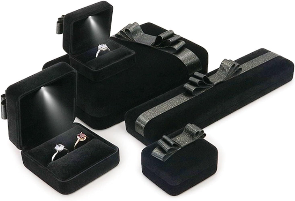 Rieort 5-Piece Jewelry Box Set Black Silk Jewelry Storage Box LED Light Necklace Box Women Jewelry Organizer Louver Design Display Box