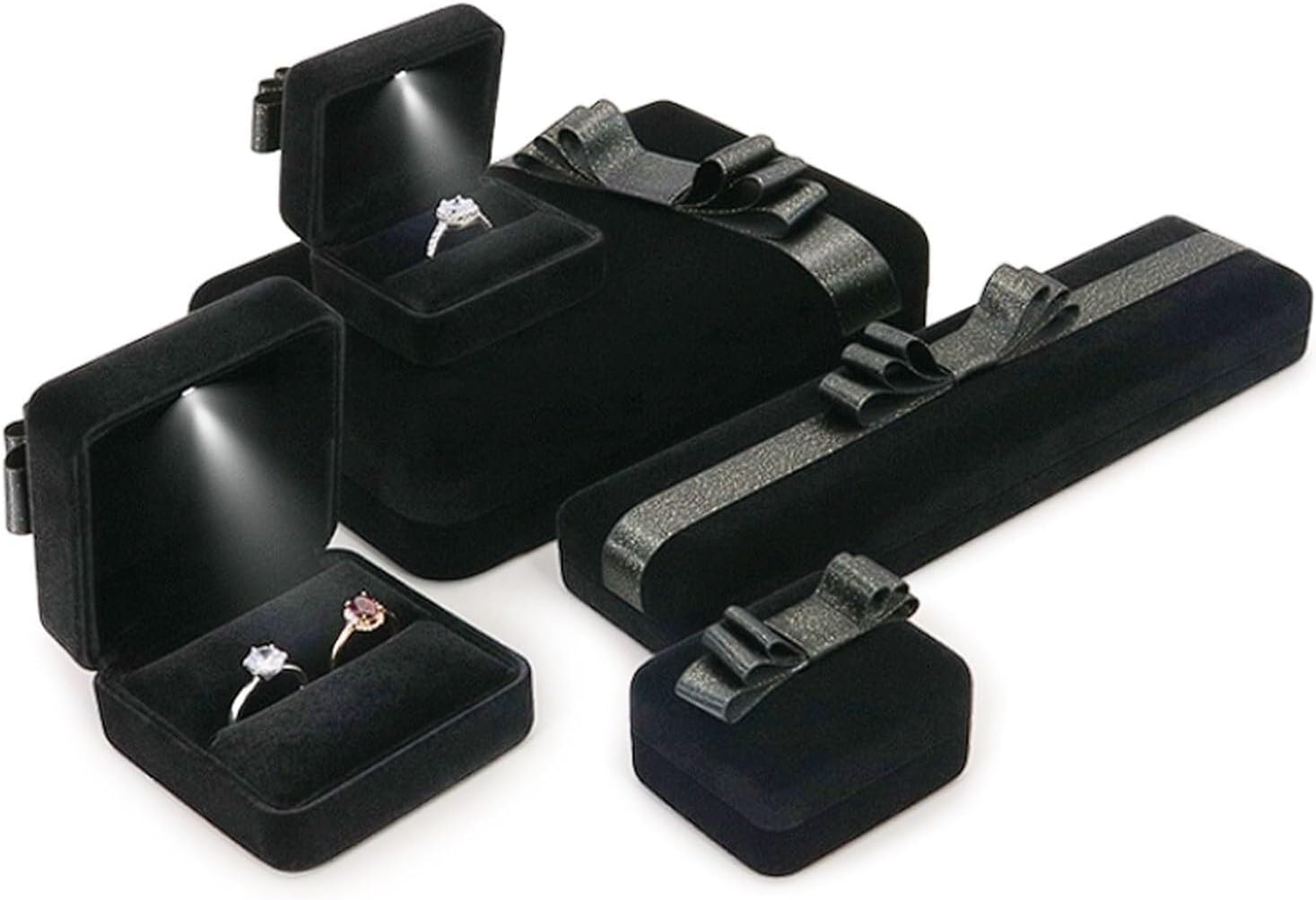 Rieort 5-Piece Jewelry Box Set Black Silk Jewelry Storage Box LED Light Necklace Box Women Jewelry Organizer Louver Design Display Box