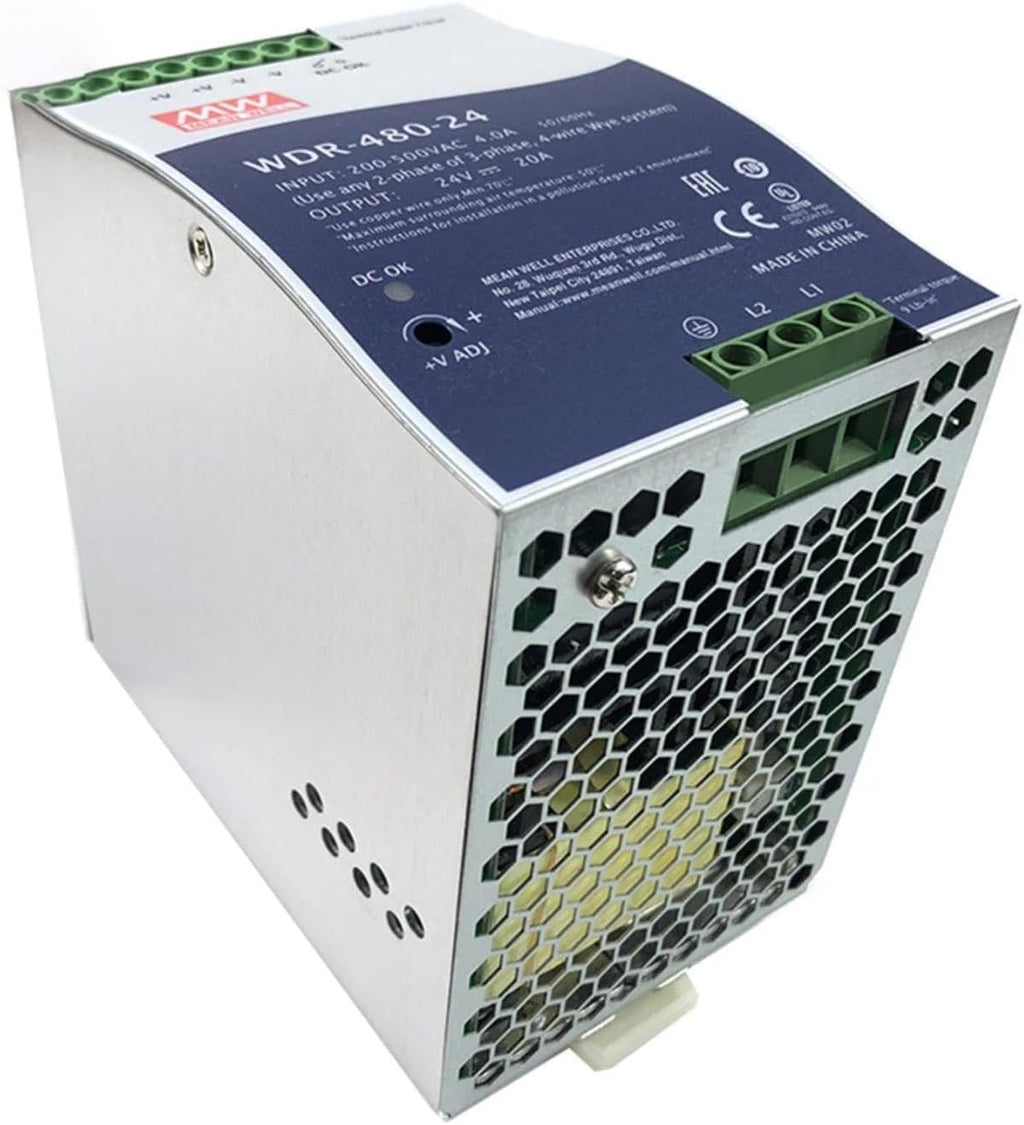 WDR-480-24 480W 24V 20A DIN Rail Power Supply, Wide 180-550VAC Input for Unstable Power, UL508 Listed for Industrial Control, for PLC Systems, Industrial Robots and Motor Drives