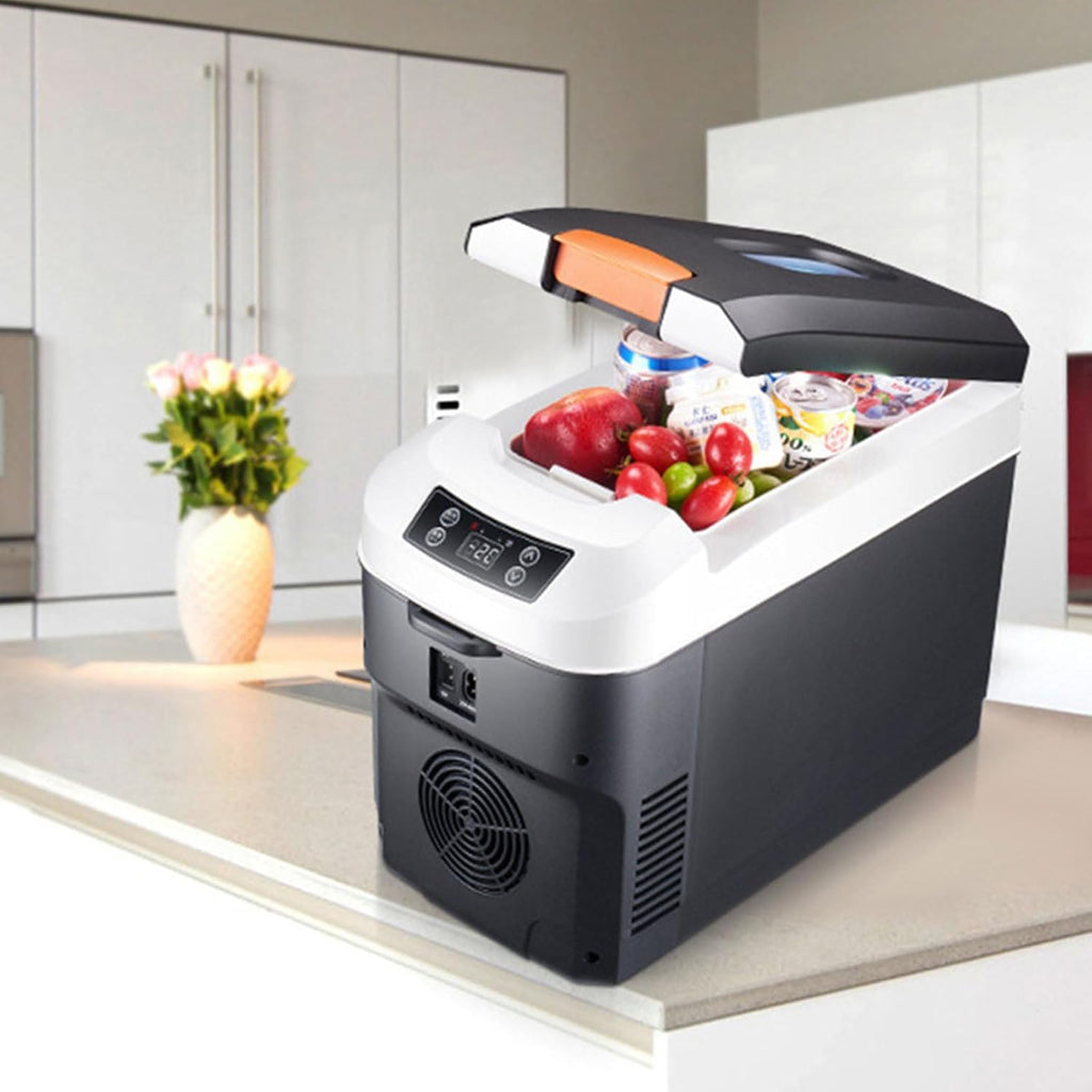 Car Refrigerator, Personal Thermoelectric Cooler/Warmer, 10 Liter Capacity, Portable Electric Car Cooler with 12/24V DC & 220V AC Small Fridge for Car, RV, and Camping Use