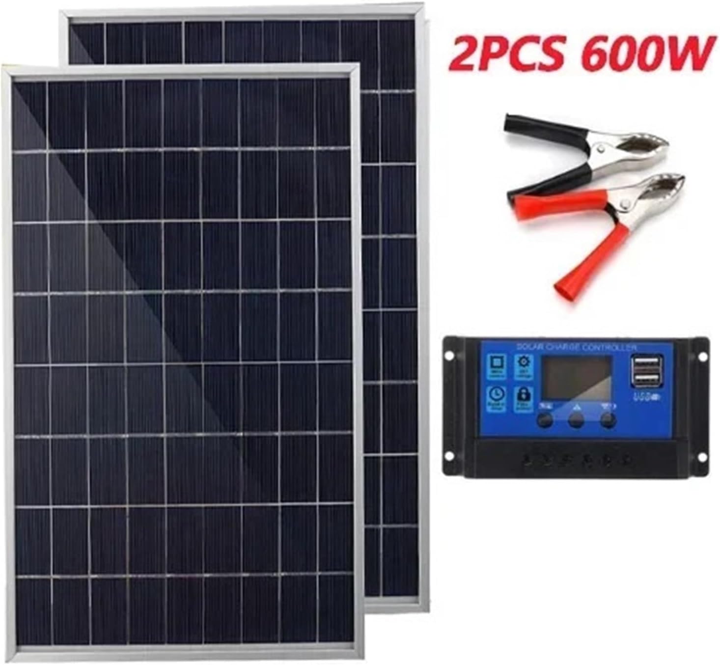 300W Solar Panel Kit 12-18V Polycrystalline Power Portable Outdoor Rechargeable Solar Cell Solar Generator for Home(2PC with Controller)