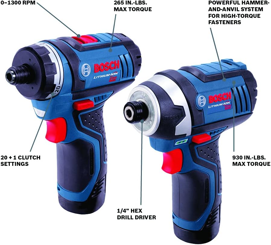 BOSCH CLPK27-120 12V Max 2-Tool Combo Kit (Drill/Driver and Impact Driver) with 2 Batteries, Charger and Case & 44 Piece Impact Tough Screwdriving Custom Case System Set SDMS44