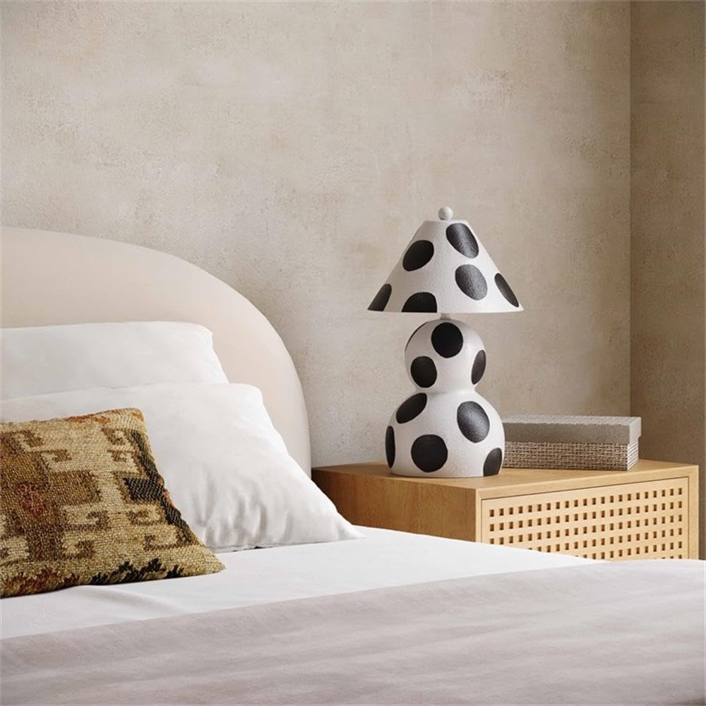 Pemberly Row Contemporary Papier Mache Table Lamp, Black and White Polka Dot Pattern, Handmade, Domed Lampshade and Orb Finial, Plug-in, 98 in Cord, UL Listed, Decorative Lighting for Tabletops