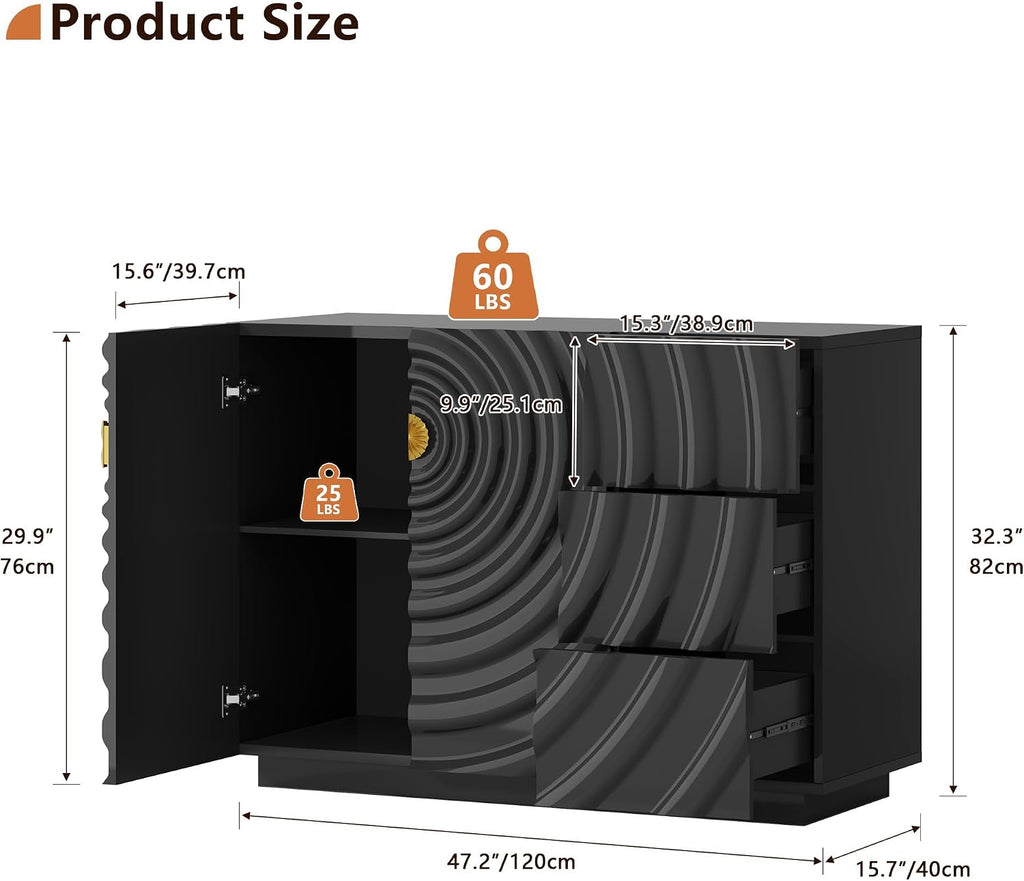 LVSOMT 47.2' Sideboard Buffet Cabinet, Modern Buff Storage Cabinet with Drawers, Adjustable Shelf, Spiral Pattern Accent Credenza, Coffee Bars for Kitchen Entryway (High Gloss Black)