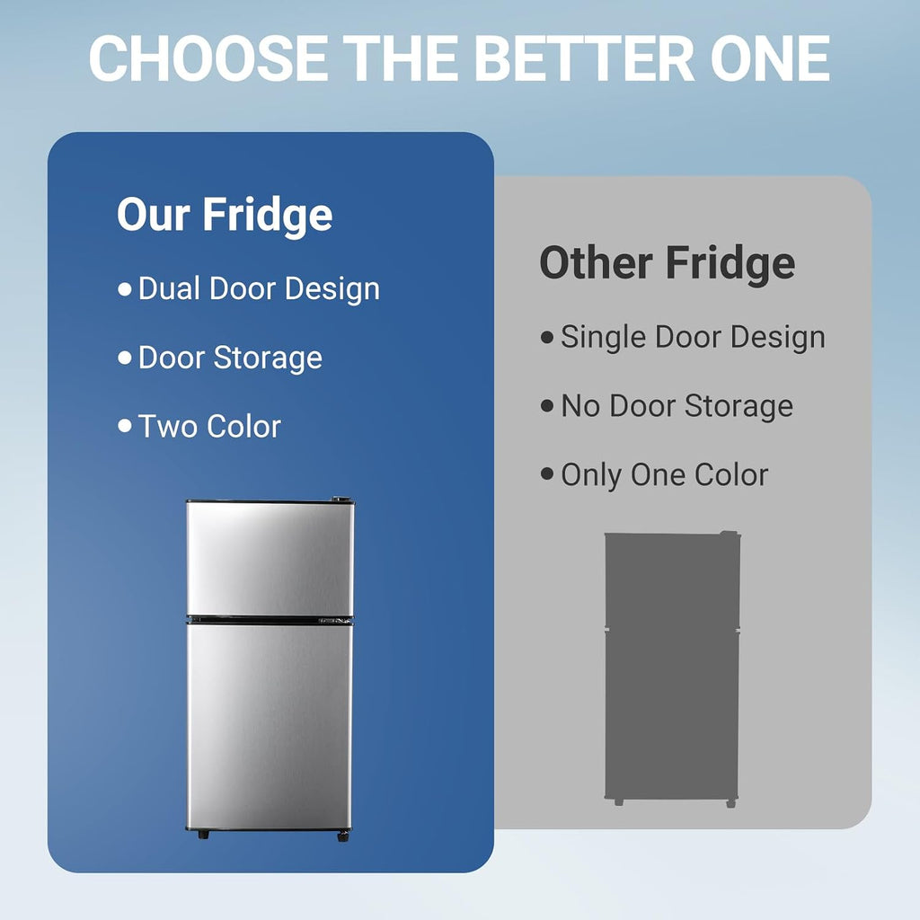 Apartment Size Refrigerator, 4.0 Cu.Ft Small Refrigerator with Freezer Suitable for Apartment, Office, Kitchen, Dorm, Compact Fridge with 7 Temperature Modes, Double Door, Silver