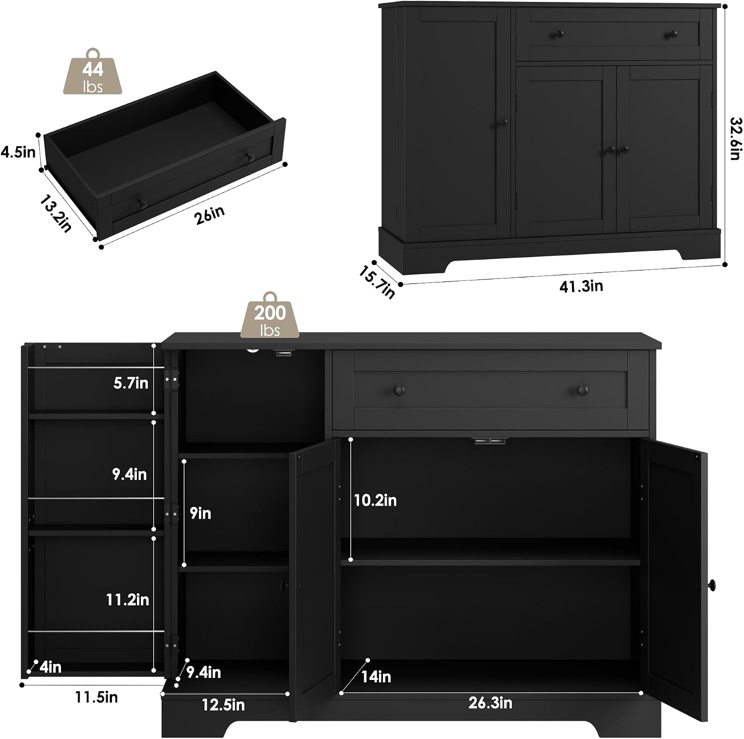 HOSTACK Buffet Cabinet with Storage, Modern Sideboard Buffet with Doors, Wood Coffee Bar Kitchen Storage Cabinet with Drawer and Adjustable Shelf for Kitchen, Dining Room, Living Room, Black