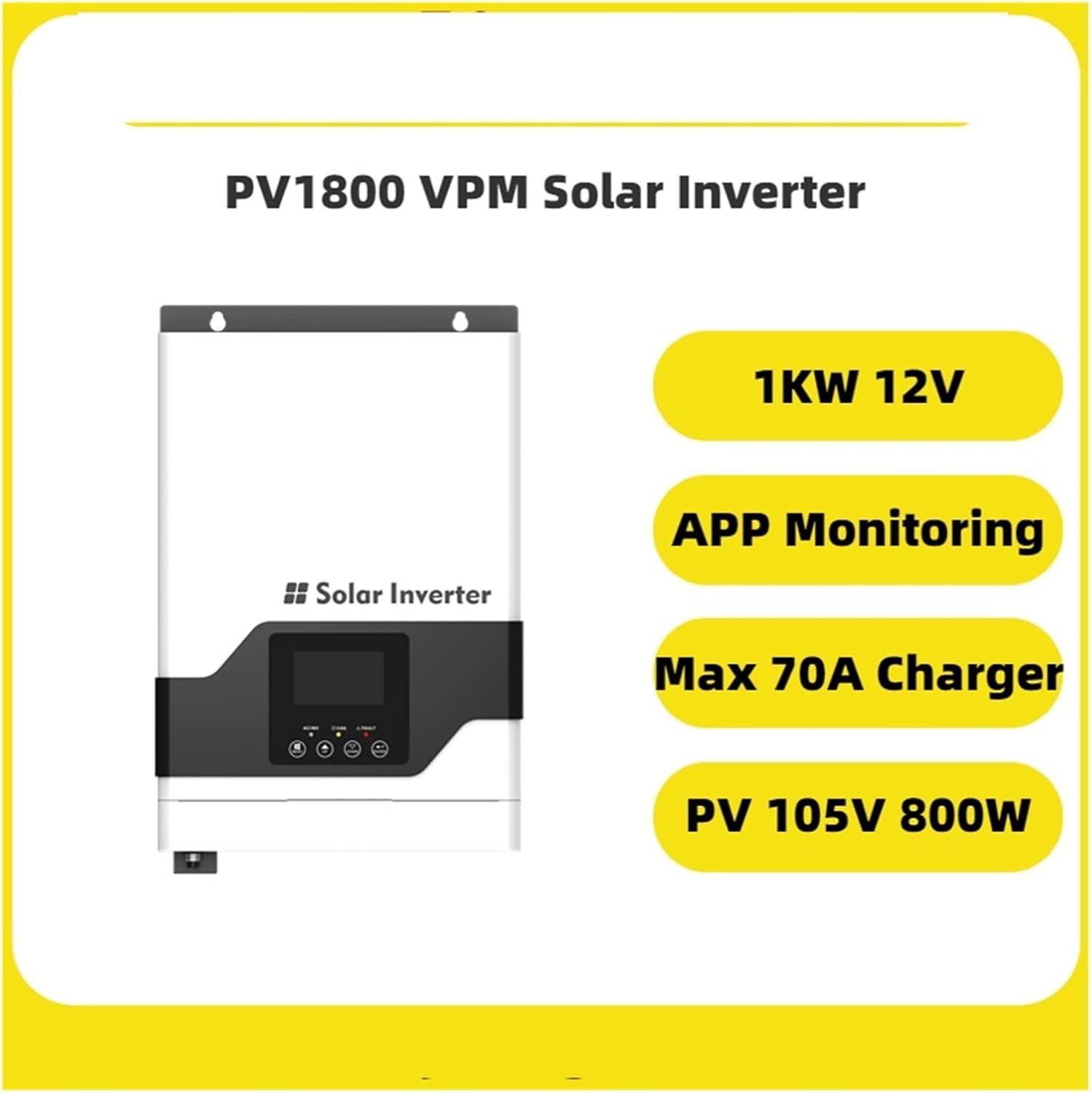 Power Inverter MPPT 1KW Hybrid Off Grid Solar Inverter PV1800 VPM 12V 1000W for Home Built in 70A Controller High Frequency (Color : 1KW, Size : 12V_220-240V)