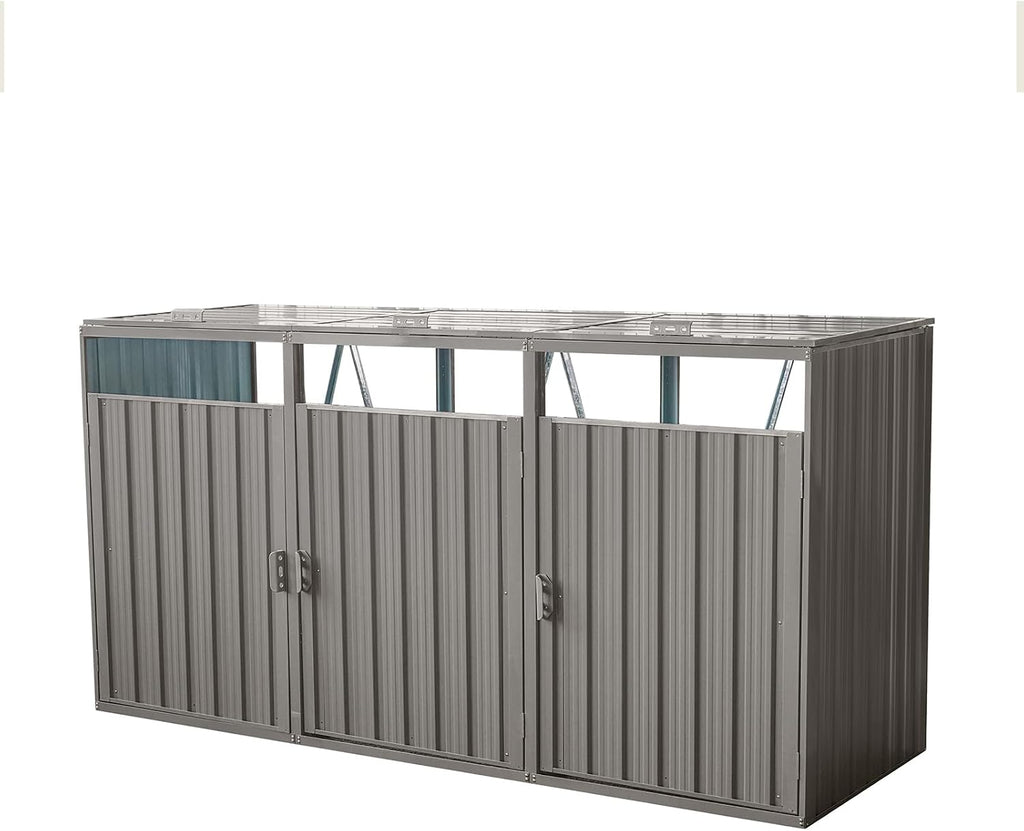 YOPTO Garbage Bin Storage Shed for 3 Trash Cans,Outdoor Trash Can Storage for Patio,Stainless Galvanized Steel Bin Shed,Rust-Proof & Scratch-Resistant Trash Can Hider,for Garden,Yard,Lawn,Grey, Gray
