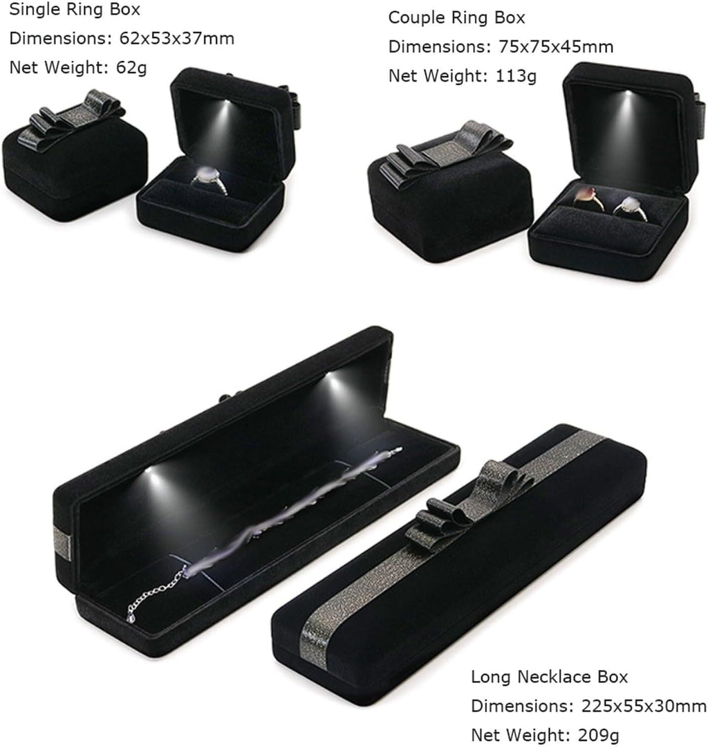 Rieort 5-Piece Jewelry Box Set Black Silk Jewelry Storage Box LED Light Necklace Box Women Jewelry Organizer Louver Design Display Box