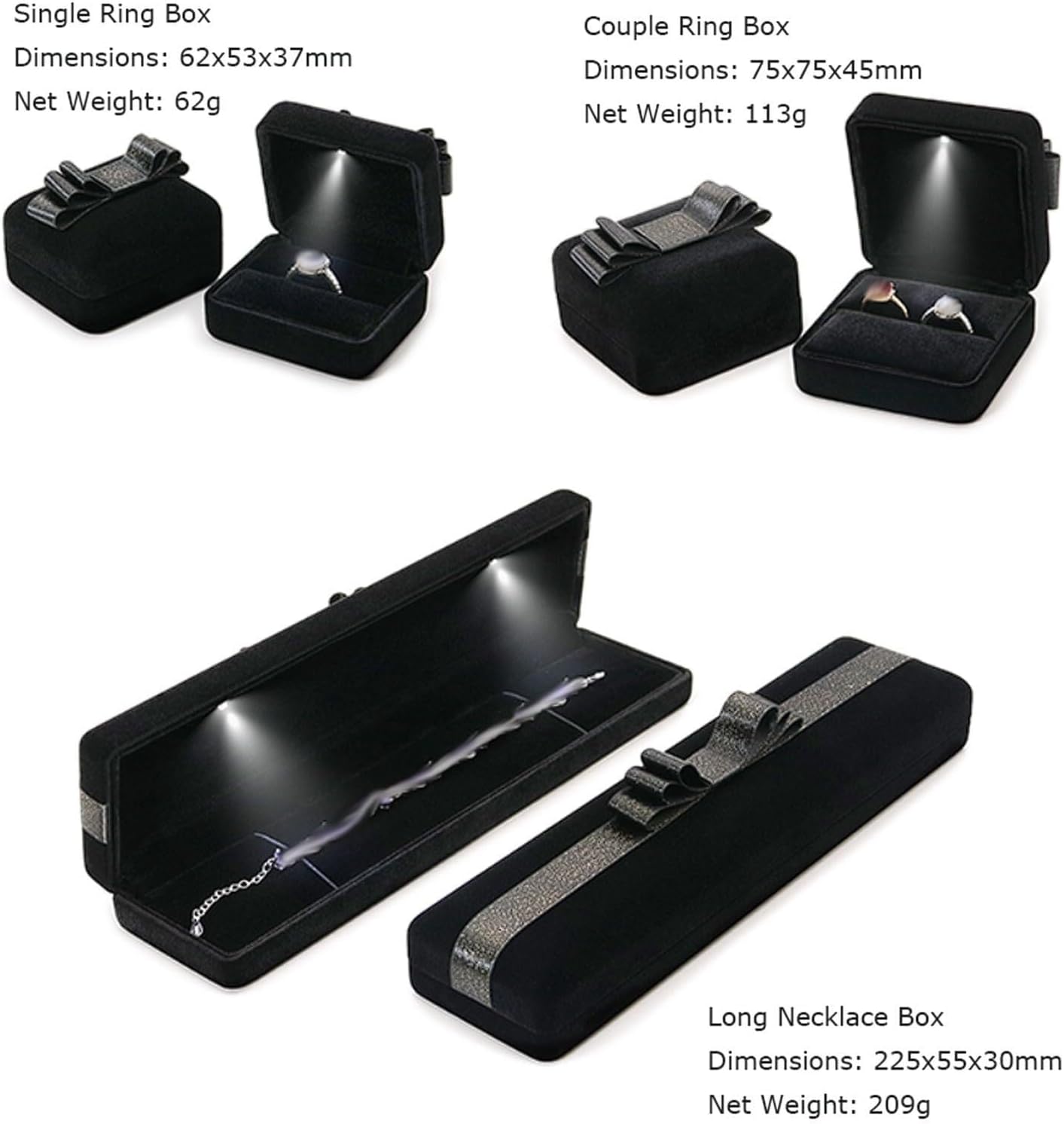 Rieort 5-Piece Jewelry Box Set Black Silk Jewelry Storage Box LED Light Necklace Box Women Jewelry Organizer Louver Design Display Box