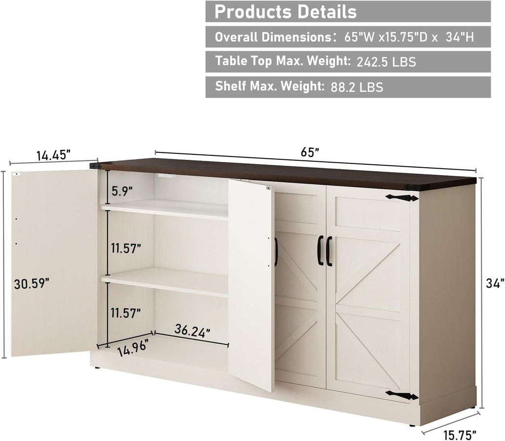 65 Inch Sideboard Buffet Cabinet with Storage, Farmhouse Kitchen Sideboard Cabinets with Adjustable Shelves, Wooden Coffee Bar Storage Cabinet Buffet Table for Kitchen, Dining Room, White