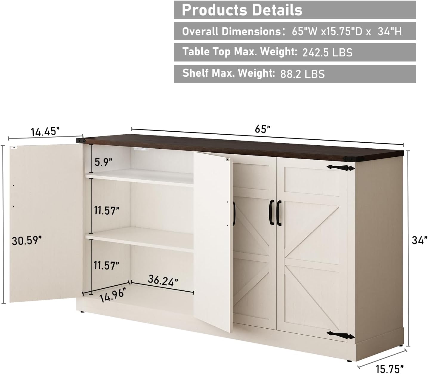 65 Inch Sideboard Buffet Cabinet with Storage, Farmhouse Kitchen Sideboard Cabinets with Adjustable Shelves, Wooden Coffee Bar Storage Cabinet Buffet Table for Kitchen, Dining Room, White