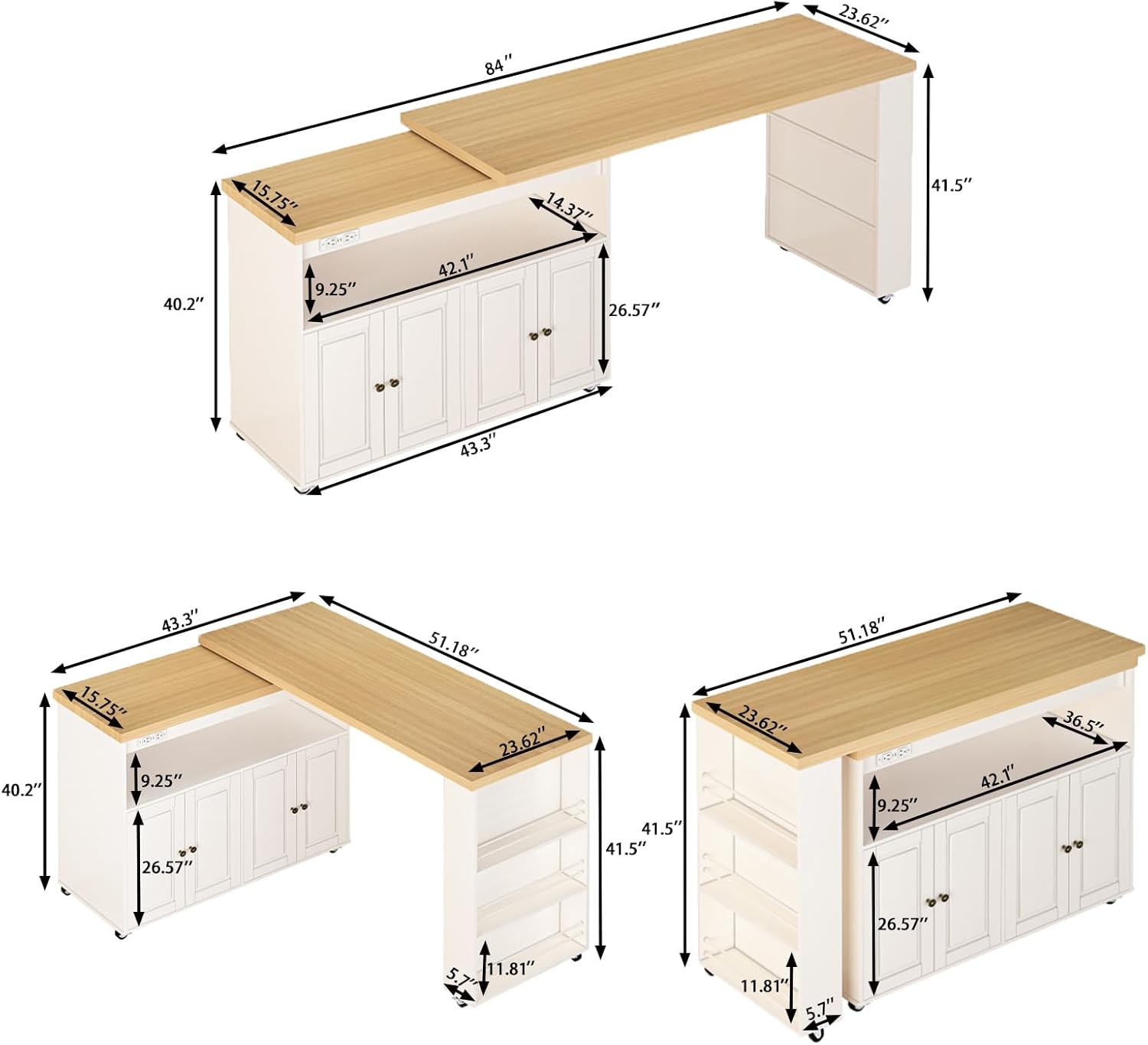 84'' Rolling Kitchen Island with Swivel Table, Kitchen Cart with LED Lights, Power Outlet, Movable Storage Cabinet with Side Tabletop on Wheels, for Kitchen, Living Room, Home Bar, White