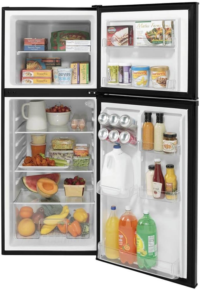 GE GPV10FGNBB 24' Top Freezer Refrigerator with 9.93 cu. ft. Capacity 12V DC Power Only LED Lighting and Adjustable Spillproof Glass Shelves in Black