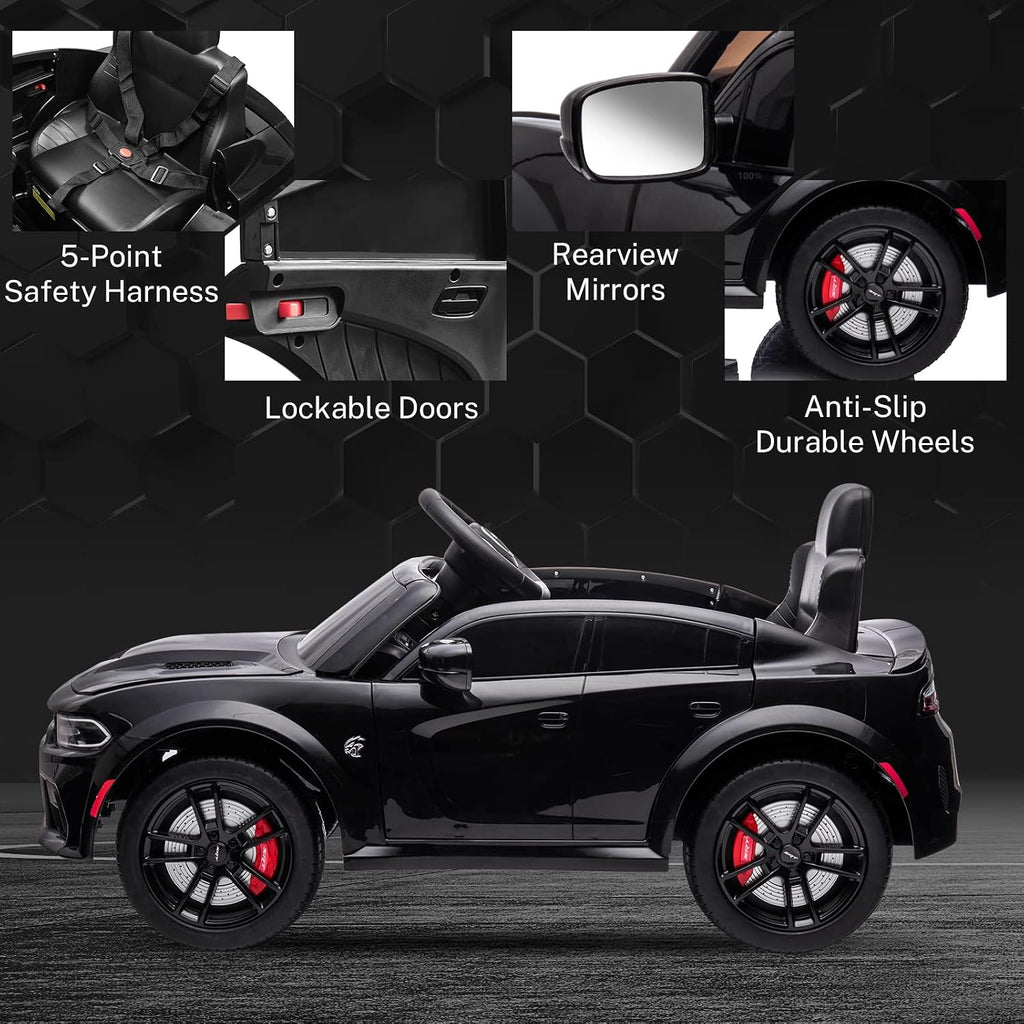 ENYOPRO 12V Electric Car for Toddlers & Kids, Licensed Dodge Charger SRT Hellcat Ride On Car, 7Ah Battery Powered Electric Vehicle w/Remote Control, Bluetooth, Music, 3 Speeds, LED Lights (Black)