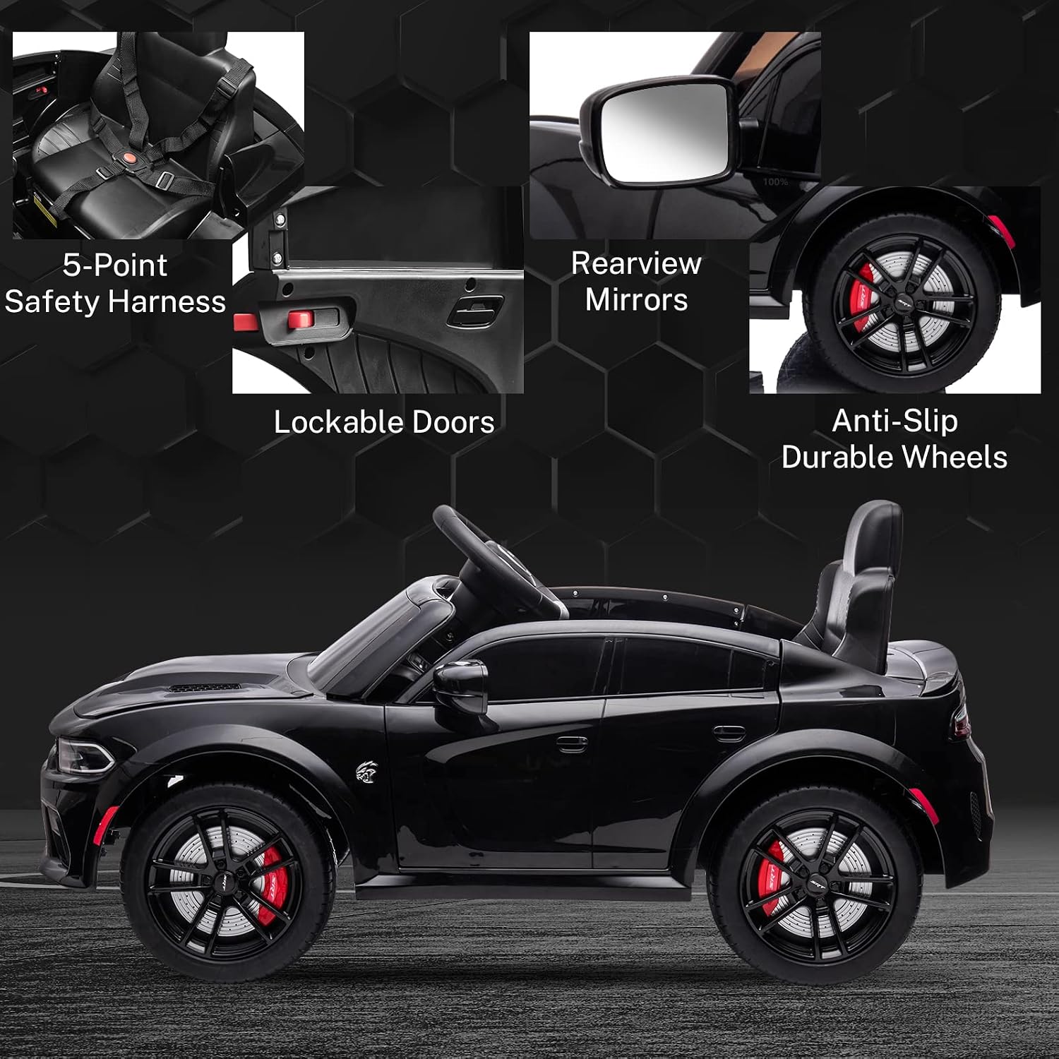 ENYOPRO 12V Electric Car for Toddlers & Kids, Licensed Dodge Charger SRT Hellcat Ride On Car, 7Ah Battery Powered Electric Vehicle w/Remote Control, Bluetooth, Music, 3 Speeds, LED Lights (Black)