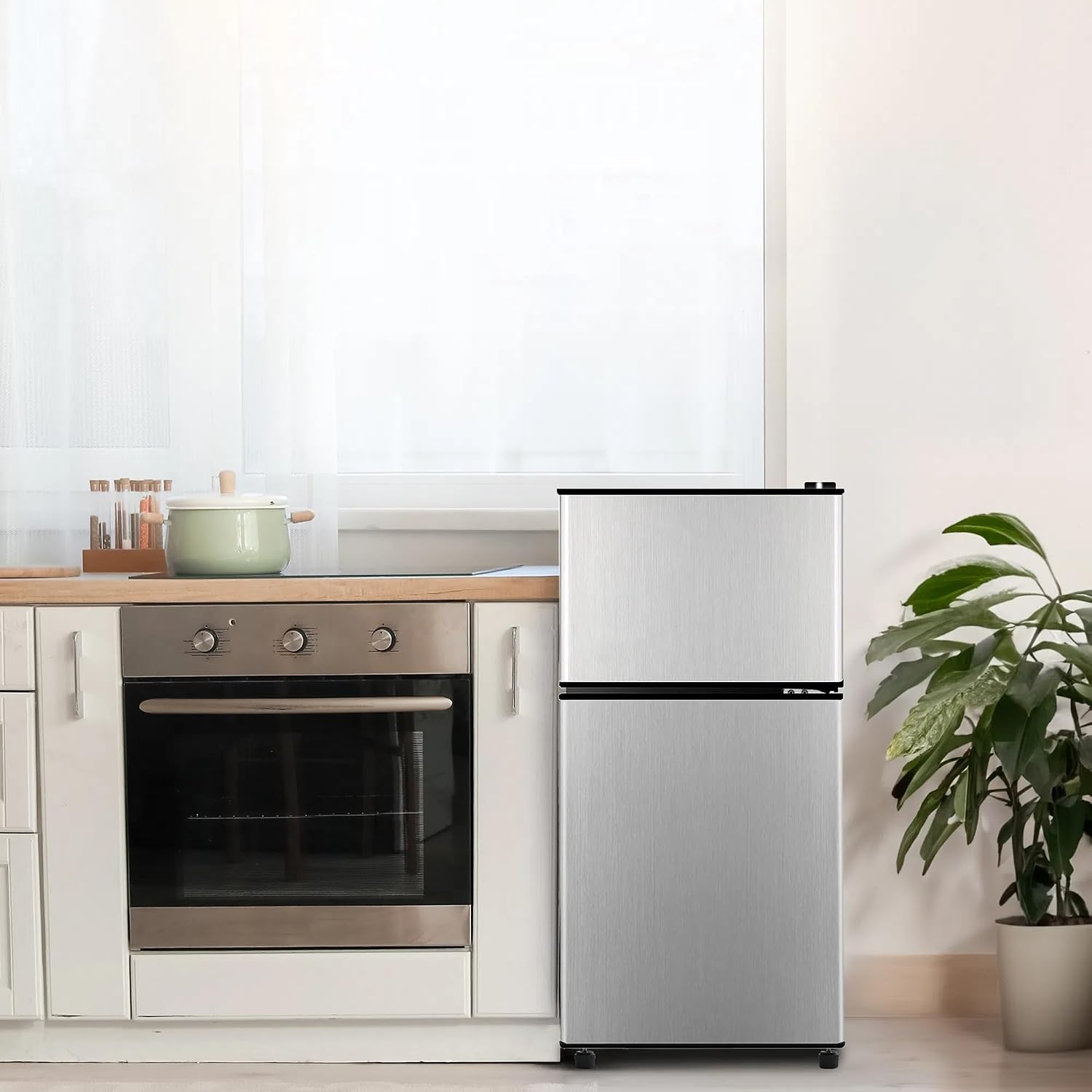 Anukis Compact Refrigerator 3.2 Cu Ft 2 Door Mini Fridge with Freezer for Apartment, Dorm, Office, Family, Basement, Garage - Silver