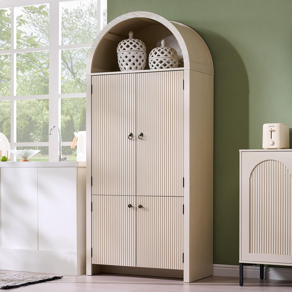 IFBUY 71' Tall Arched Bathroom Storage Cabinet, Modern Fluted Storage Cabinet w/Doors, 3 Adjustable Shelves, 6 Door Shelves, Wood Freestanding Cabinet for Bathroom, Entryway, Hallway, Cream