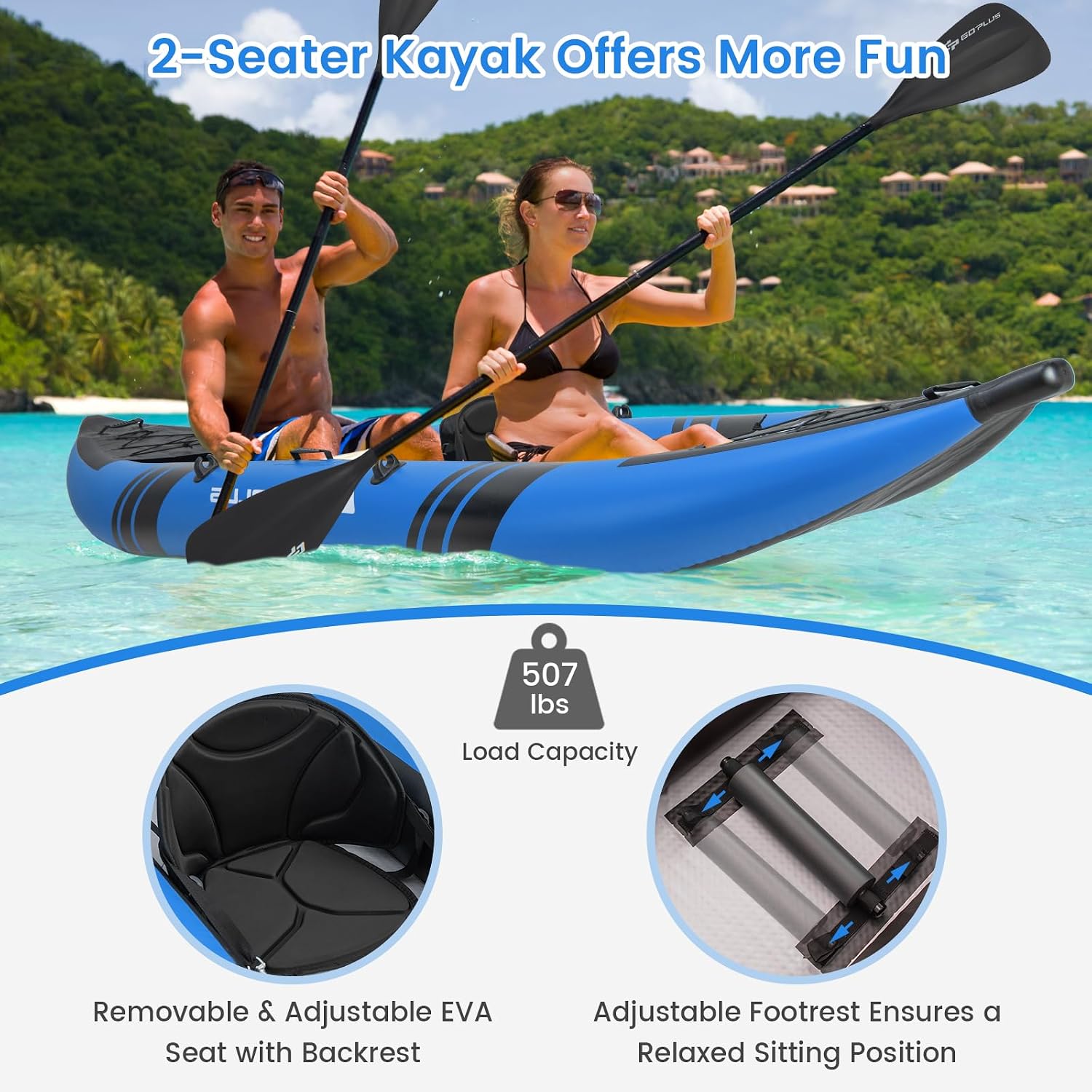 Goplus Tandem Inflatable Kayak, 12.5FT 2-Person Kayak for Adults w/507 LBS Weight Capacity, 2 Aluminium Oars, Padded Seat, 2 Fins, Hand Pump, Carry Bag, Repair Kit, Portable Touring Kayaks