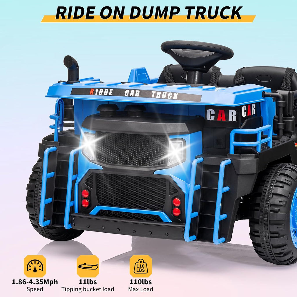 24V Kids Ride On Dump Truck with R/C, 2 Seater Electric Car - 2WD/4WD Powerful Motors, 4.4 Mph, Electric Dump Bed & Shovel, EVA Tires, Music Player, Soft Start, 19' Spacious Seat (Blue)