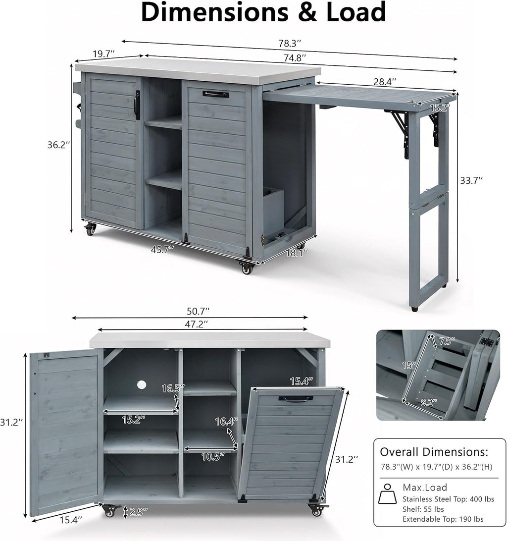 LUMISOL Outdoor Grill Cart with Stainless Steel Top, Movable Outdoor Kitchen Island with Foldable Grill Table, Rolling Kitchen Cart with Trash Can Storage, Outdoor Prep Table for Parties, Grey Blue