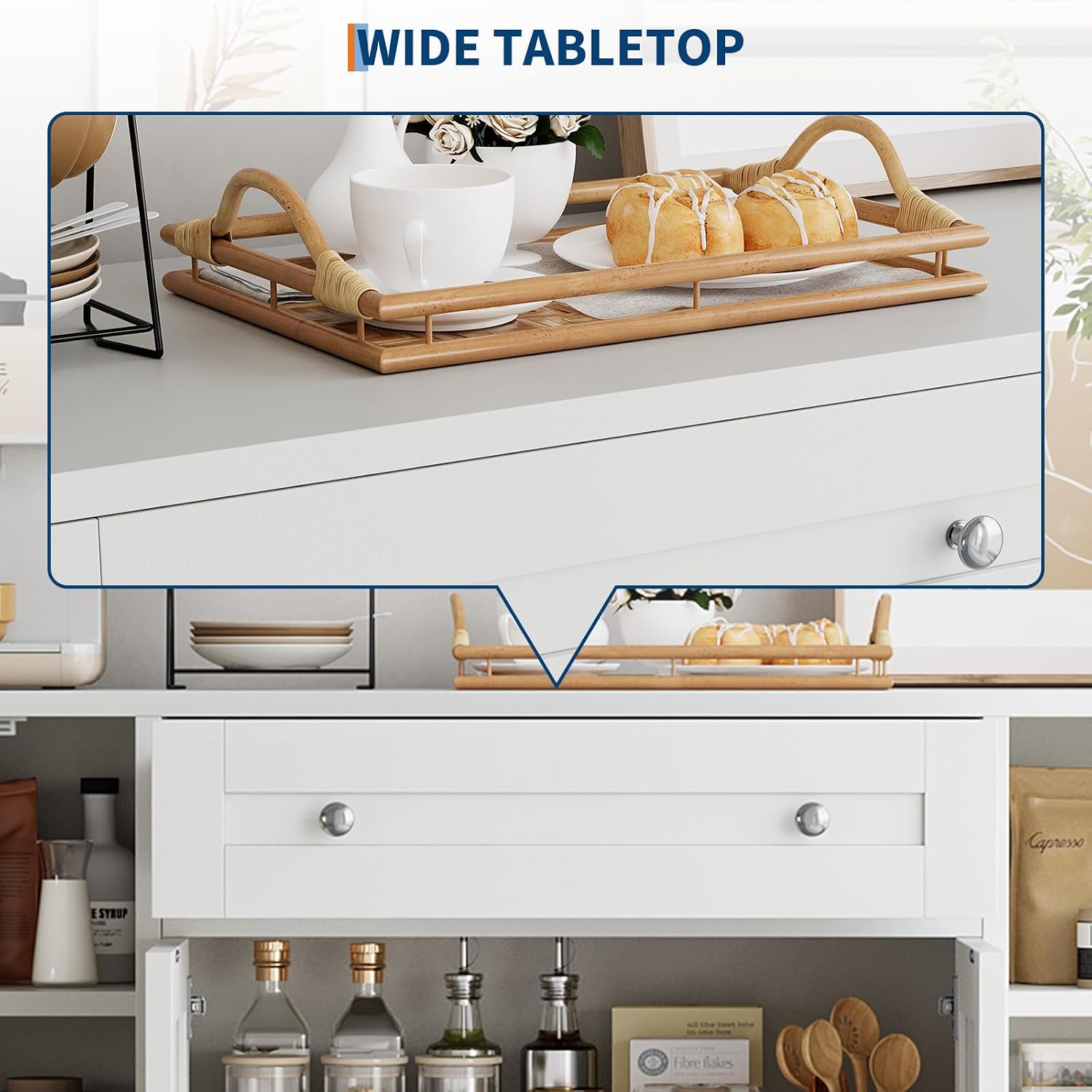 Modern Sideboard Buffet Cabinet with Storage, 55 in Wood Coffee Bar Cabinet with Drawer, Shelves & Door Shelves, Buffet Table Credenzas for Kitchen Dining Room Living Room, White