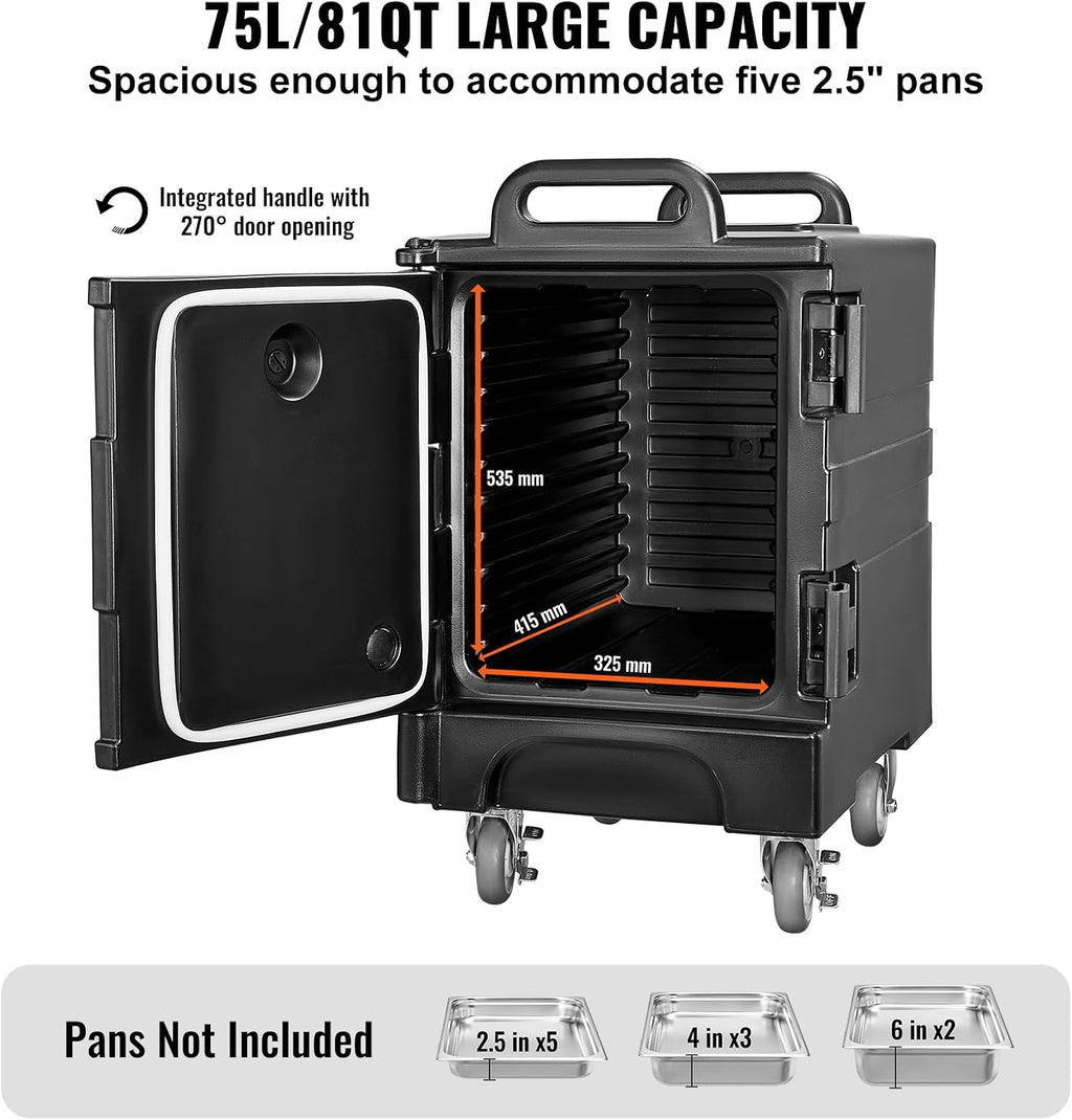 VEVOR Insulated Food Pan Carrier, 81 Qt Hot Box for Catering, Food Box Carrier with Double Buckles, Front Loading Food Warmer with Handles, Stackable End Loader with Wheels for Restaurant, Canteen