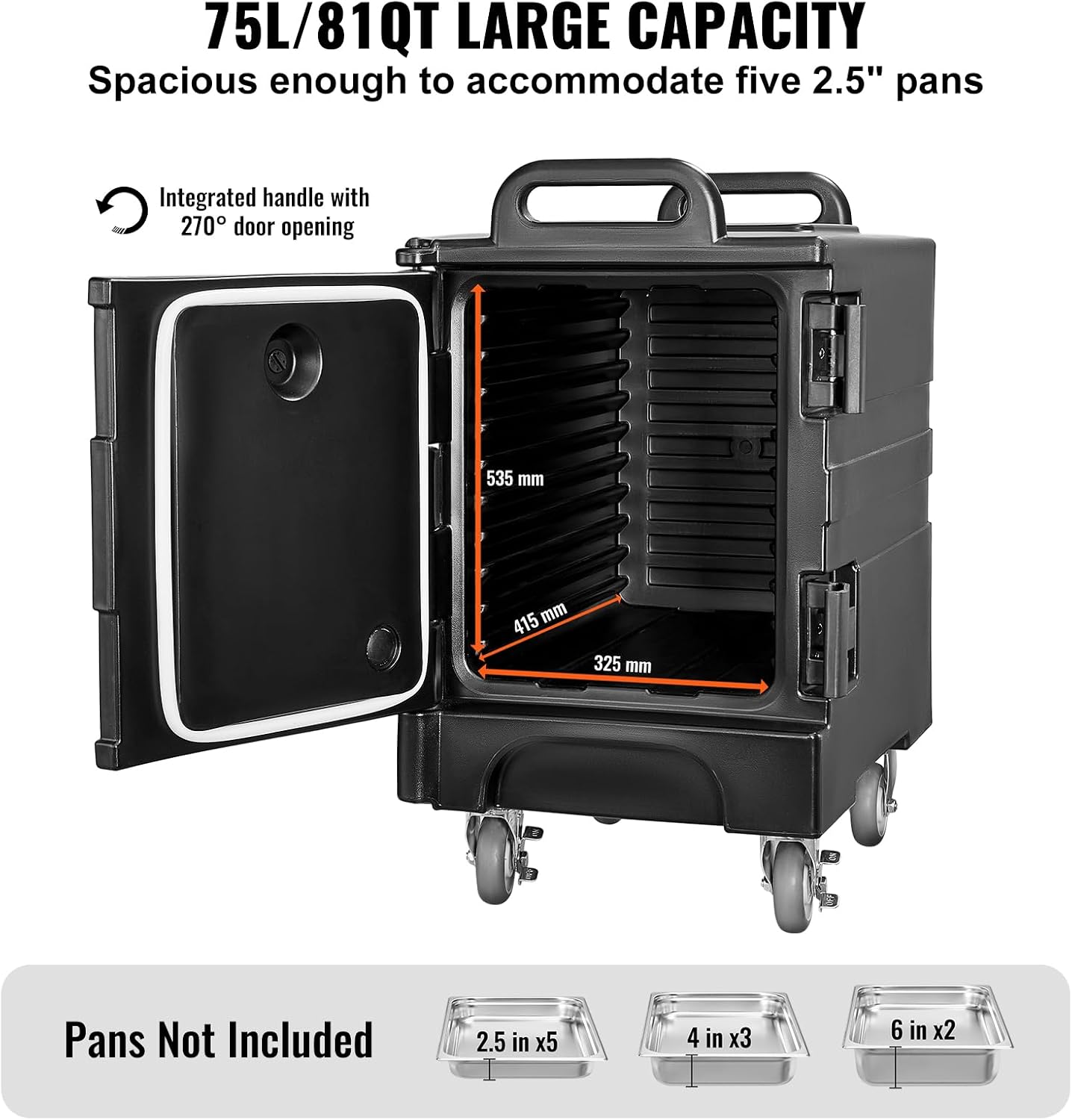 VEVOR Insulated Food Pan Carrier, 81 Qt Hot Box for Catering, Food Box Carrier with Double Buckles, Front Loading Food Warmer with Handles, Stackable End Loader with Wheels for Restaurant, Canteen