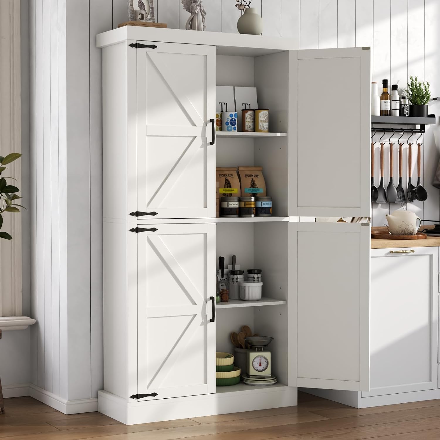 Farmhouse Kitchen Pantry Cabinet,69.1' Tall Kitchen Storage Cabinet with Adjustable Shelves,Modern Bathroom Storage Cabinets,Freestanding Floor Cabinets Cupboard for Living Room,Dining Room (White)