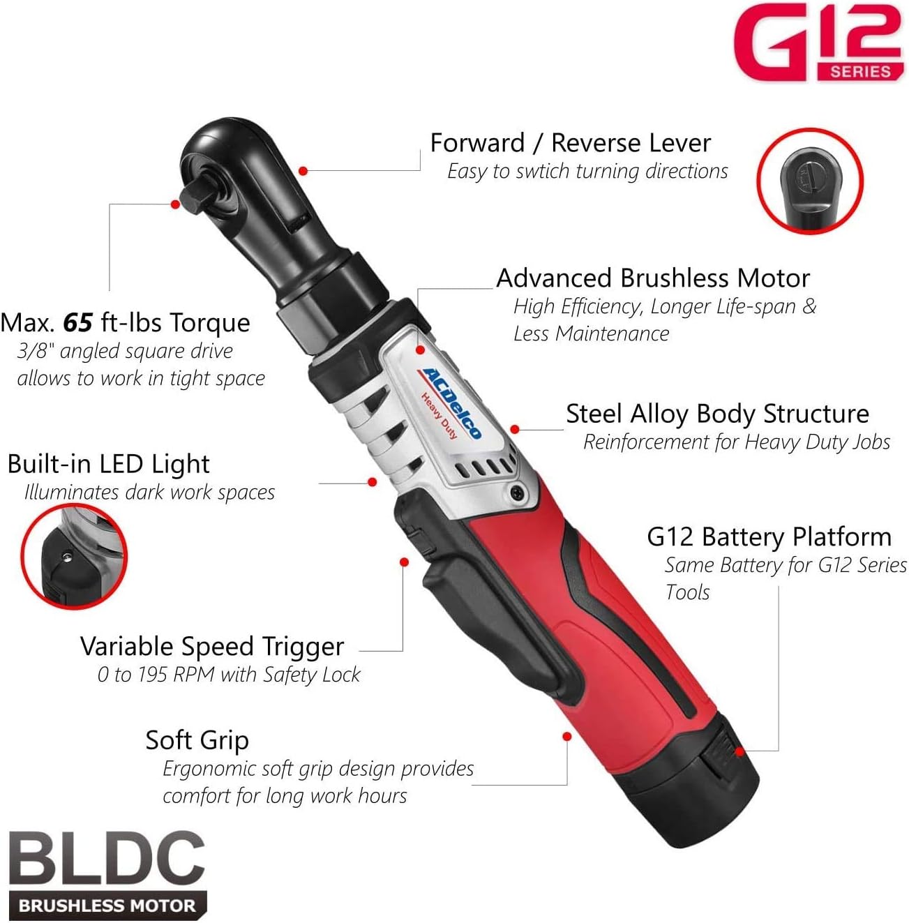 ACDelco G12 Series 3-Tool Combo, 3/8' Brushless Ratchet Wrench & 2-speed Polisher & 3/8' Impact Wrench, 2-battery, ARW1208-K13