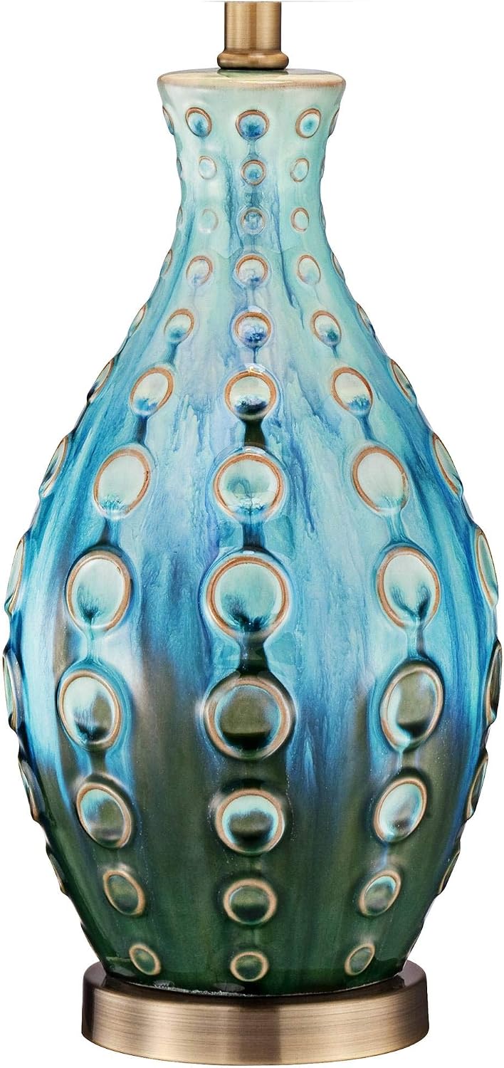 360 Lighting Mid Century Modern Style Vase 3-Way Table Lamp with Table Top Dimmer 26.5' High Teal Ceramic Tan Fabric Drum Shade for Living Room Bedroom House Bedside Home Office (Color May