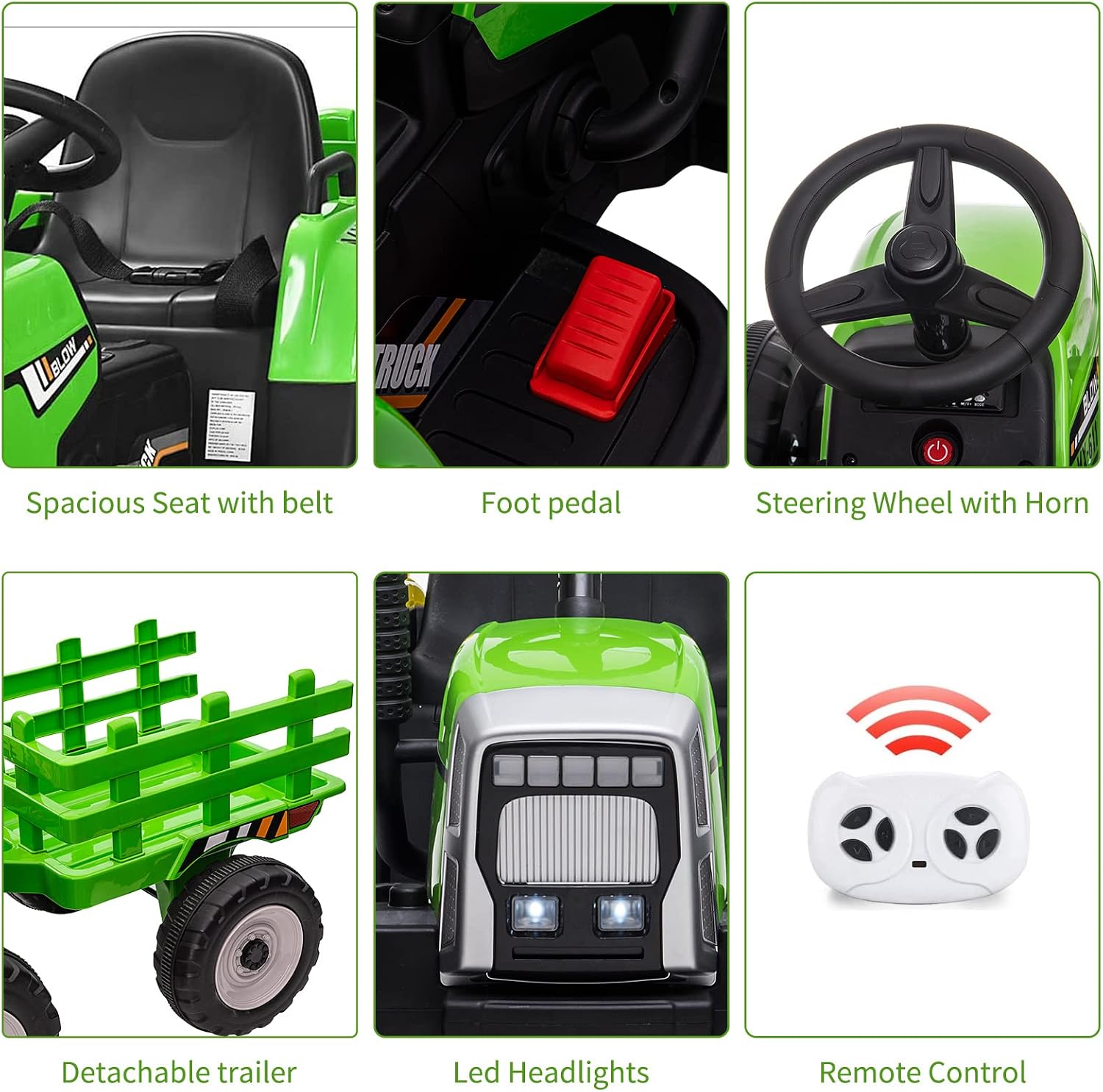 Kids Ride On Tractor with Green Trailer & Remote Control, 12V Toddler Battery Powered Electric Vehicle with Slow Start 7LED Headlights USB Music Player 2+1 Gear Shift, Green Trailer, 25W/Treaded Tires