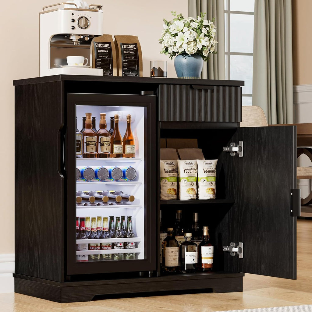 Mini Fridge Cabinet (Fridge Included), Fluted Coffee Bar Cabinet with Refrigerator, Pull Out Drawer & Storage Cabinets, 31.5' Liquor Wine Bar Cabinet for Home, Kitchen, Dining Room, Blac