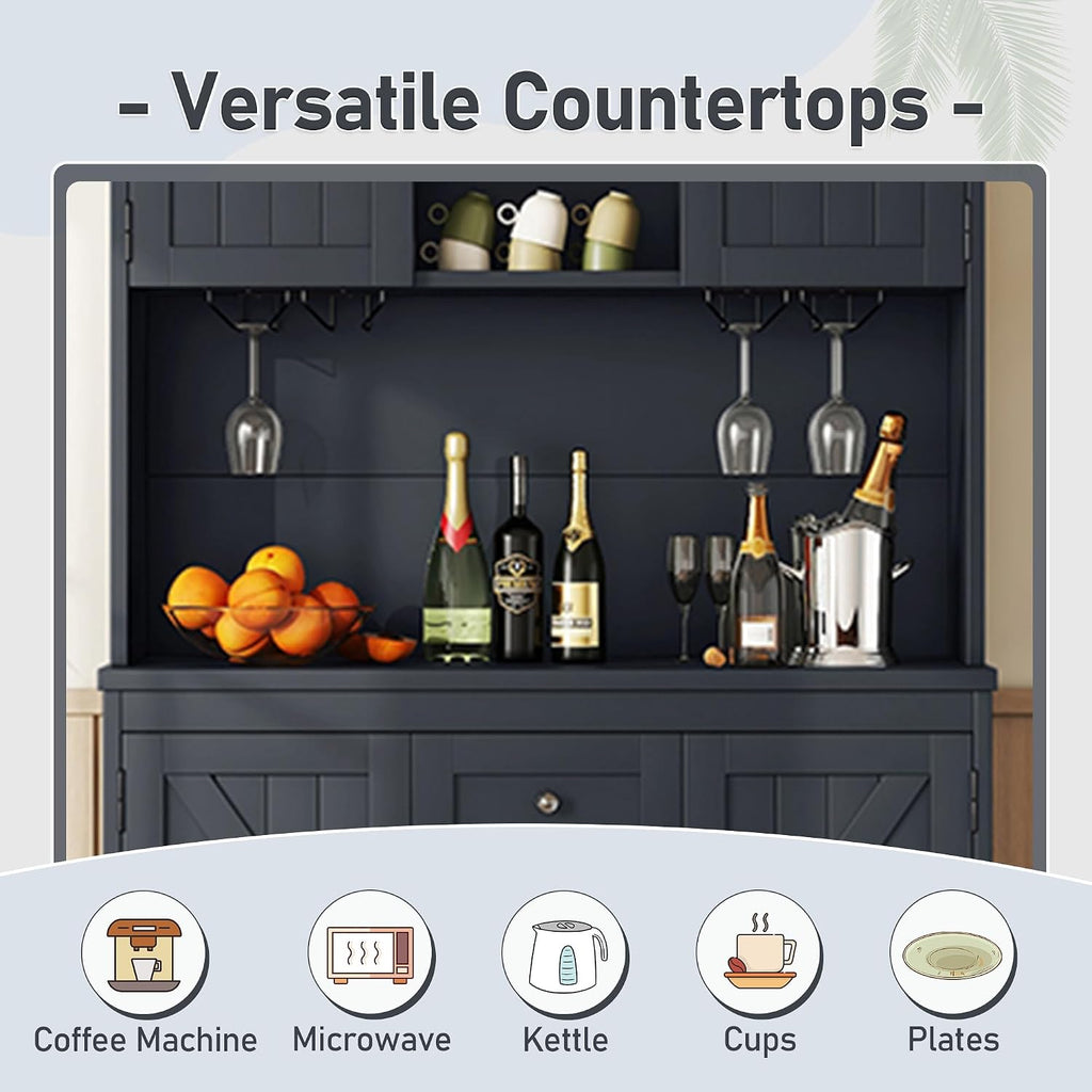Farmhouse Wood Kitchen Pantry, Freestanding Coffee Bar Cabinet Kitchen Buffet Cabinet with Drawers, Adjustable Shelves and Wine & Glass Racks for Dining Room, Kitchen (Antique Blue-2.16)