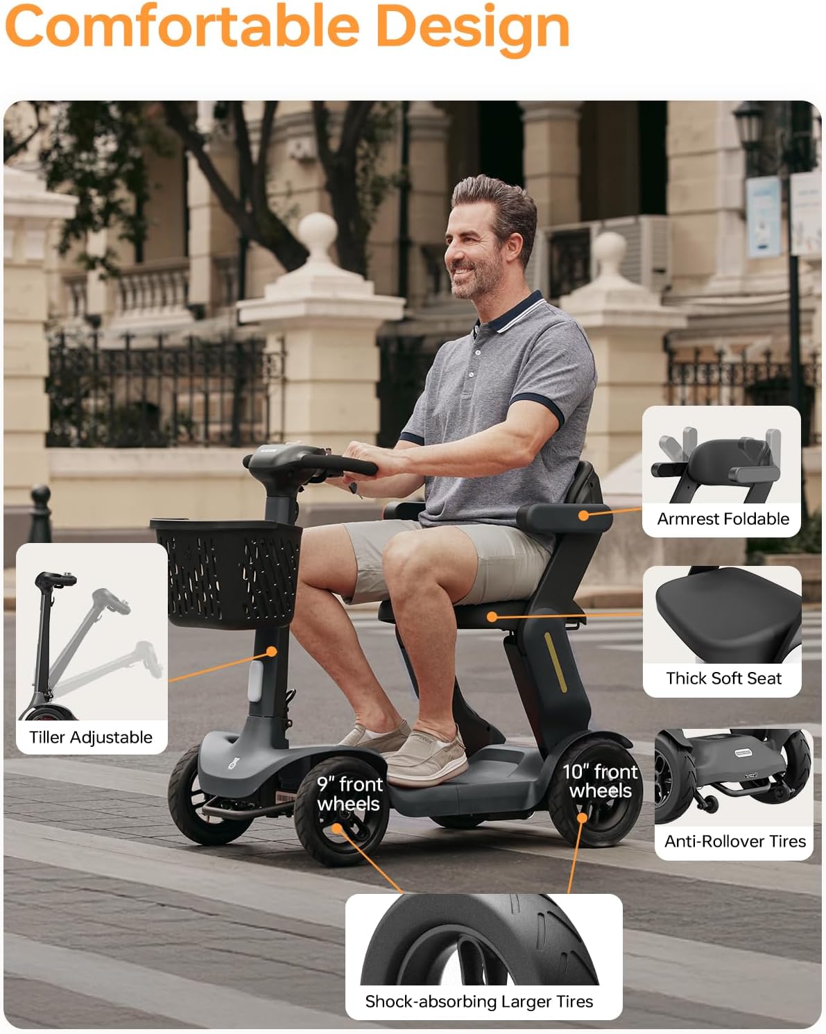 Paiseec S3 Pro Mobility Scooters for Adults, 40 Miles Long Lasting Mobility Scooter, Lightweight Travel Scooter for Seniors, 300 lbs Capacity, AI Speed Control, 250W Motor (Grey-40miles-S3)