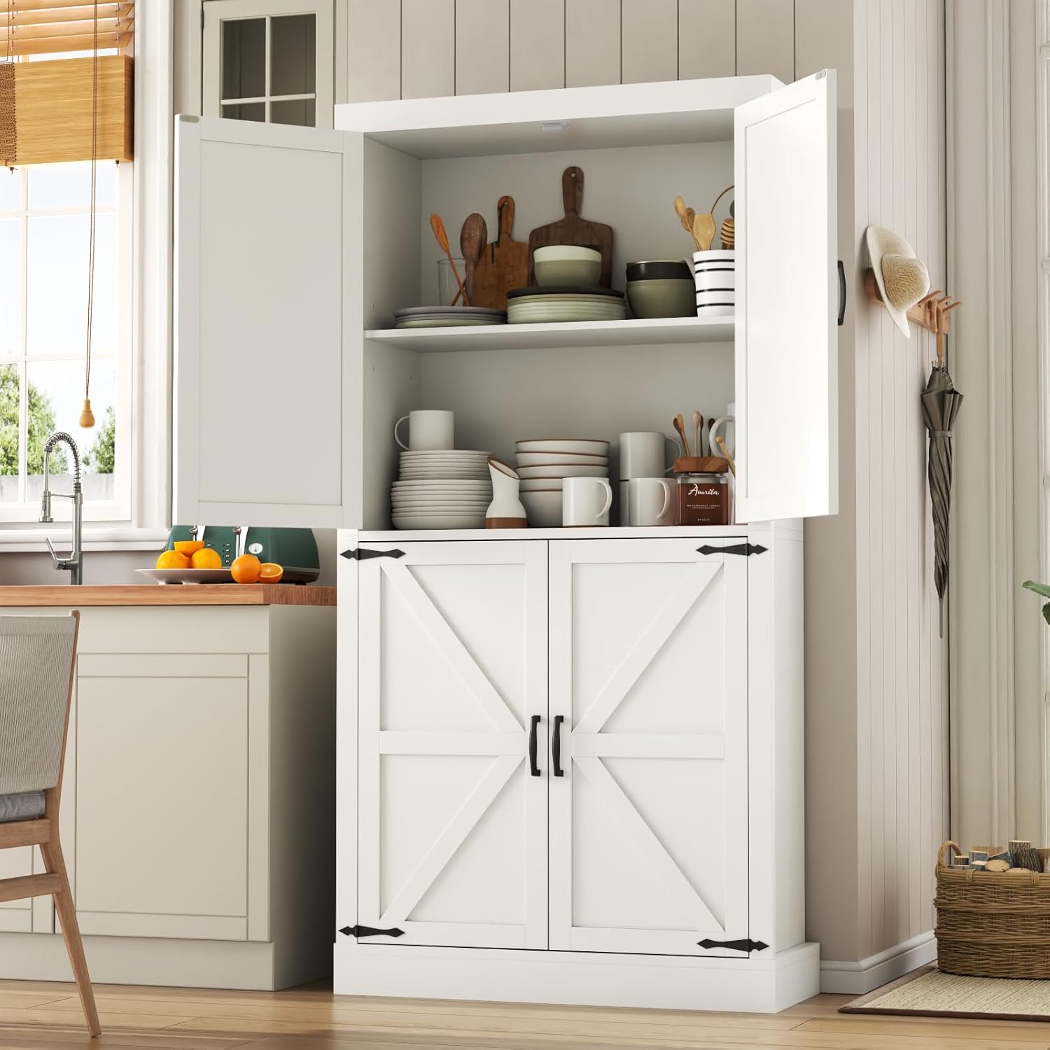 Farmhouse Kitchen Pantry Cabinet,69.1' Tall Kitchen Storage Cabinet with Adjustable Shelves,Modern Bathroom Storage Cabinets,Freestanding Floor Cabinets Cupboard for Living Room,Dining Room (White)