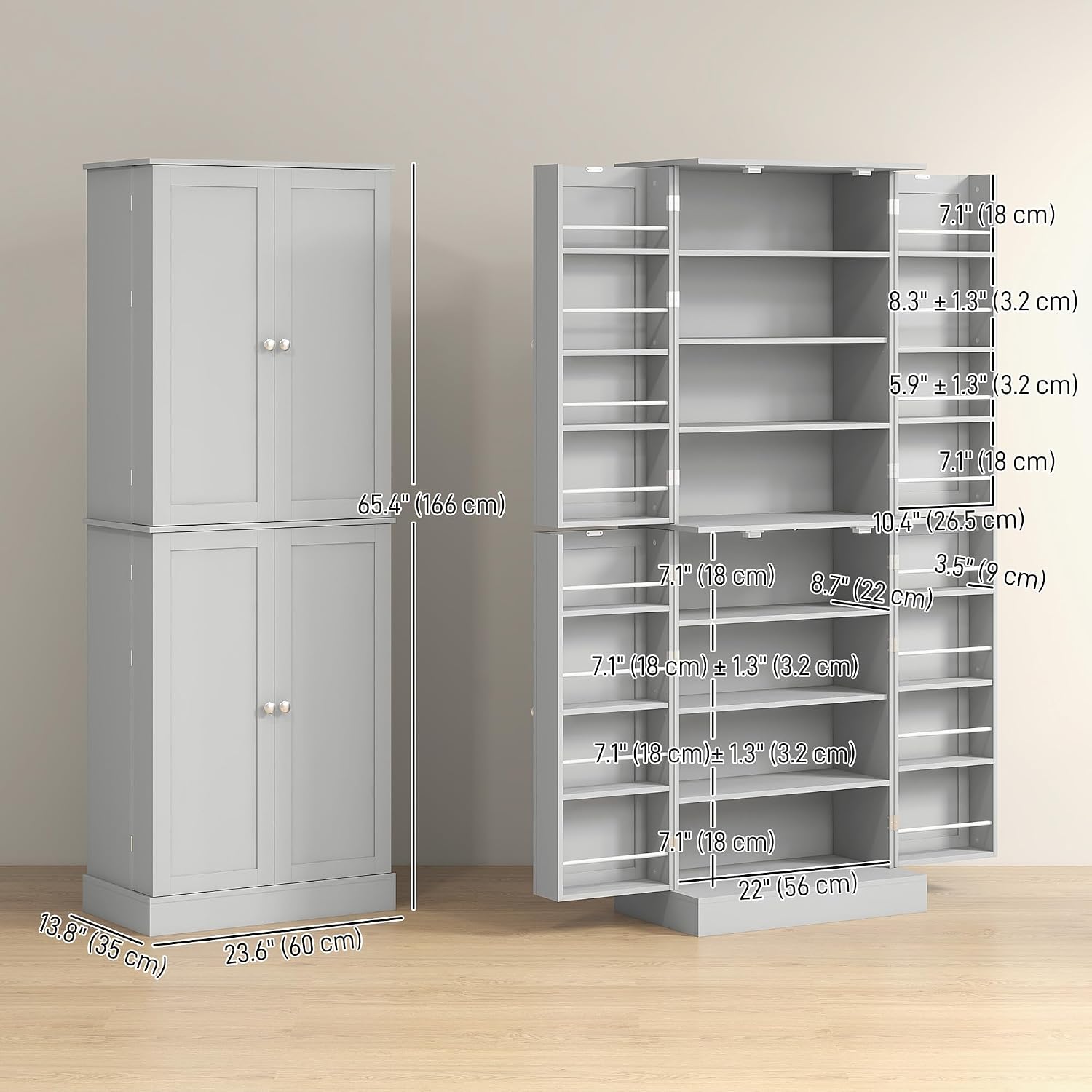 HOMCOM 65' Kitchen Pantry Storage Cabinet, Freestanding Kitchen Cabinet with 16 Door Shelves, Double Doors, 8-Tier Shelving and Adjustable Shelves, Gray
