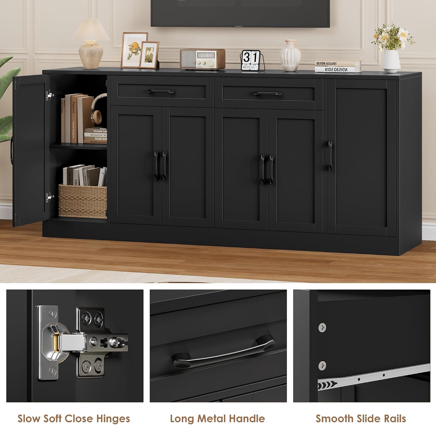 BOTLOG 71' Large Buffet Cabinet with Storage, Sideboard Buffet Cabinet with Adjustable Shelves and 6 Soft-Close Doors, Wood Coffee Bar Console Table for Kitchen, Dining Room, Black