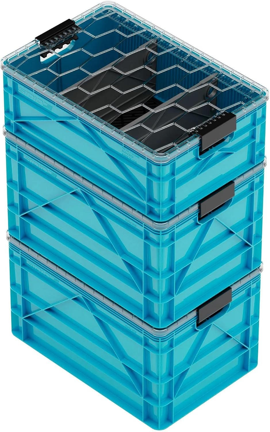 SIDIO Crate Pro Pack - 2 Full-Size & 1 Half-Size Heavy Duty Stackable Storage Bins, Totes and Containers with Lids and Dividers - Durable Plastic Organizer for Home, Office, Garage, and Outdoor Use