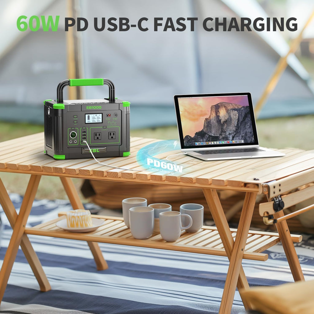 EBL 1000W Portable Power Station With 200W Solar Panels, 999Wh Backup Lithium Battery, Pure Sine Wave AC Outlet, 60W PD Quick Charge Solar Generator Set for RV/Van Camping, Road Trip, Home, Off-grid