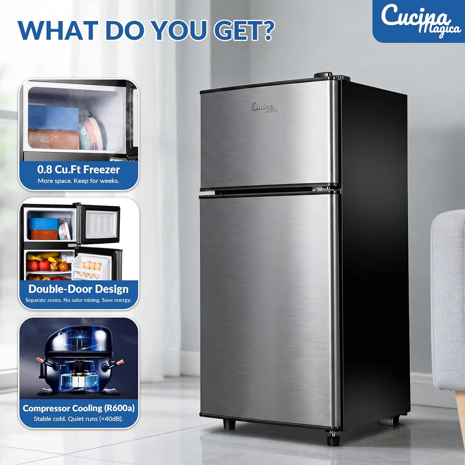 Cucina Magica 2.9 Cu.Ft Compact Double Door Mini Fridge - Top Freezer & Bottom Refrigerator | Energy Save,7-Level Precision Cooling | Ideal for Dorm, Bedroom, Office & Small Spaces