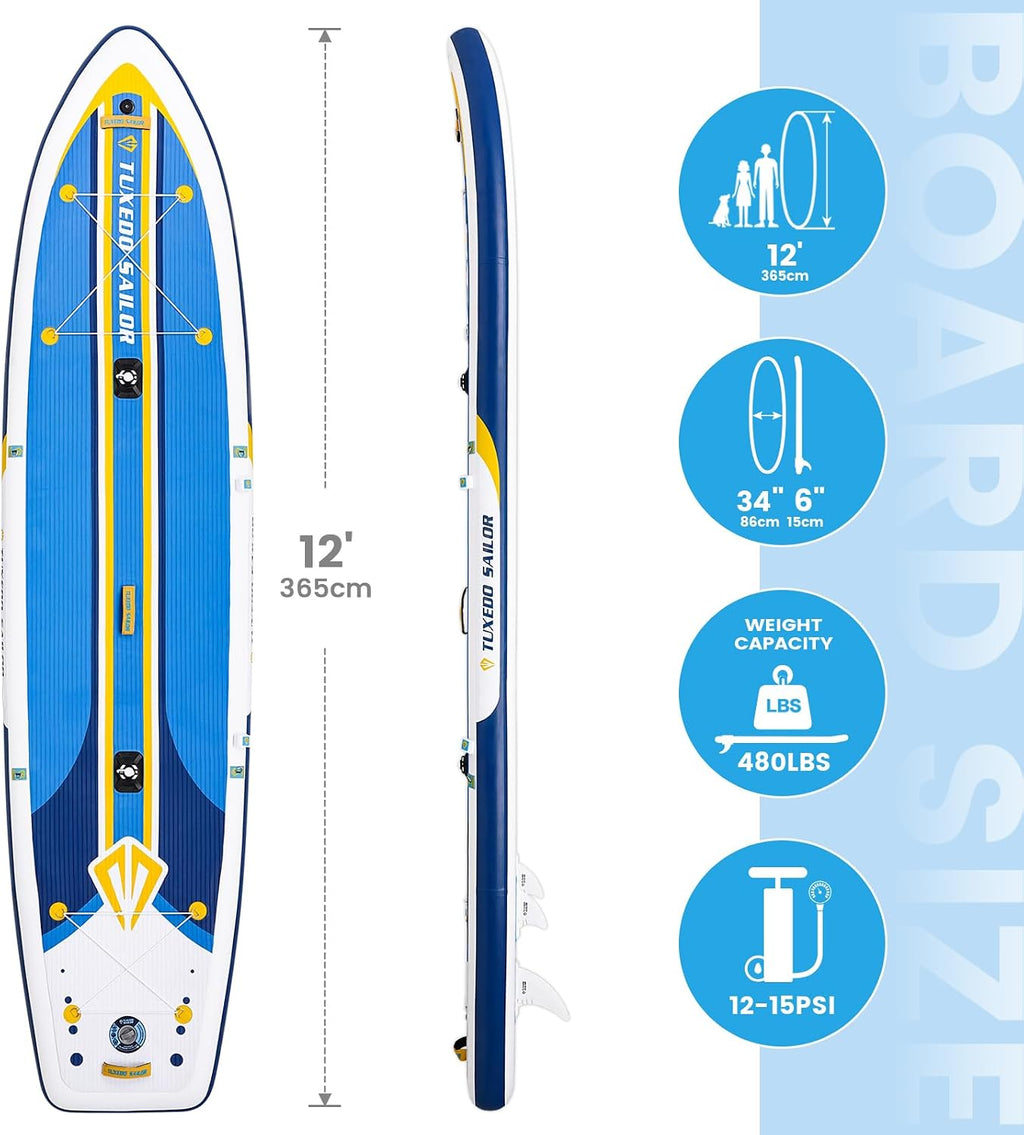 Tuxedo Sailor Large Size Inflatable Fishing Kayak 12'×34'×6' Ultra-Light Paddle Board, Stand Up Paddle Board Complete Accessories, Fishing Support Bases, Kayak Seat etc