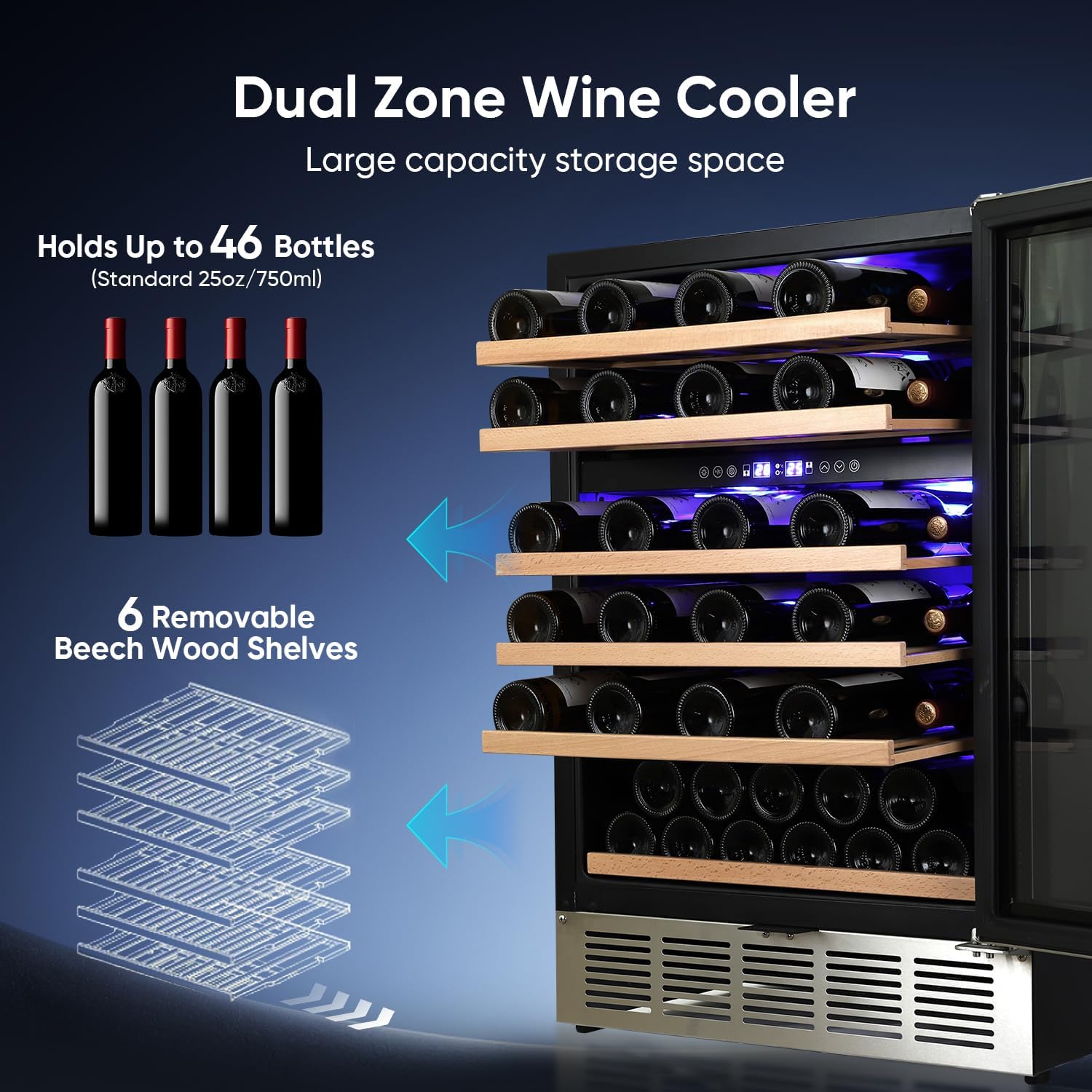 ORYMUSE 24 Inch Wine Cooler Refrigerator, 46 Bottle Dual Zone Wine Fridge with Stainless Steel Glass Door, Adjustable Shelves, Upgraded Compressor, Built-In Freestanding for Home, Bar, Kitchen