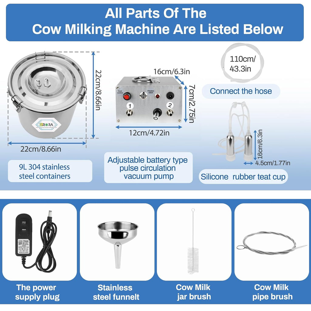 9L Cow Milking Machine, Rechargeable Battery Adjustable Pulse Vacuum Electric Cow Milking Machine,Portable Milking Machine,Individual Pulsation Adjustment, Udder Protection