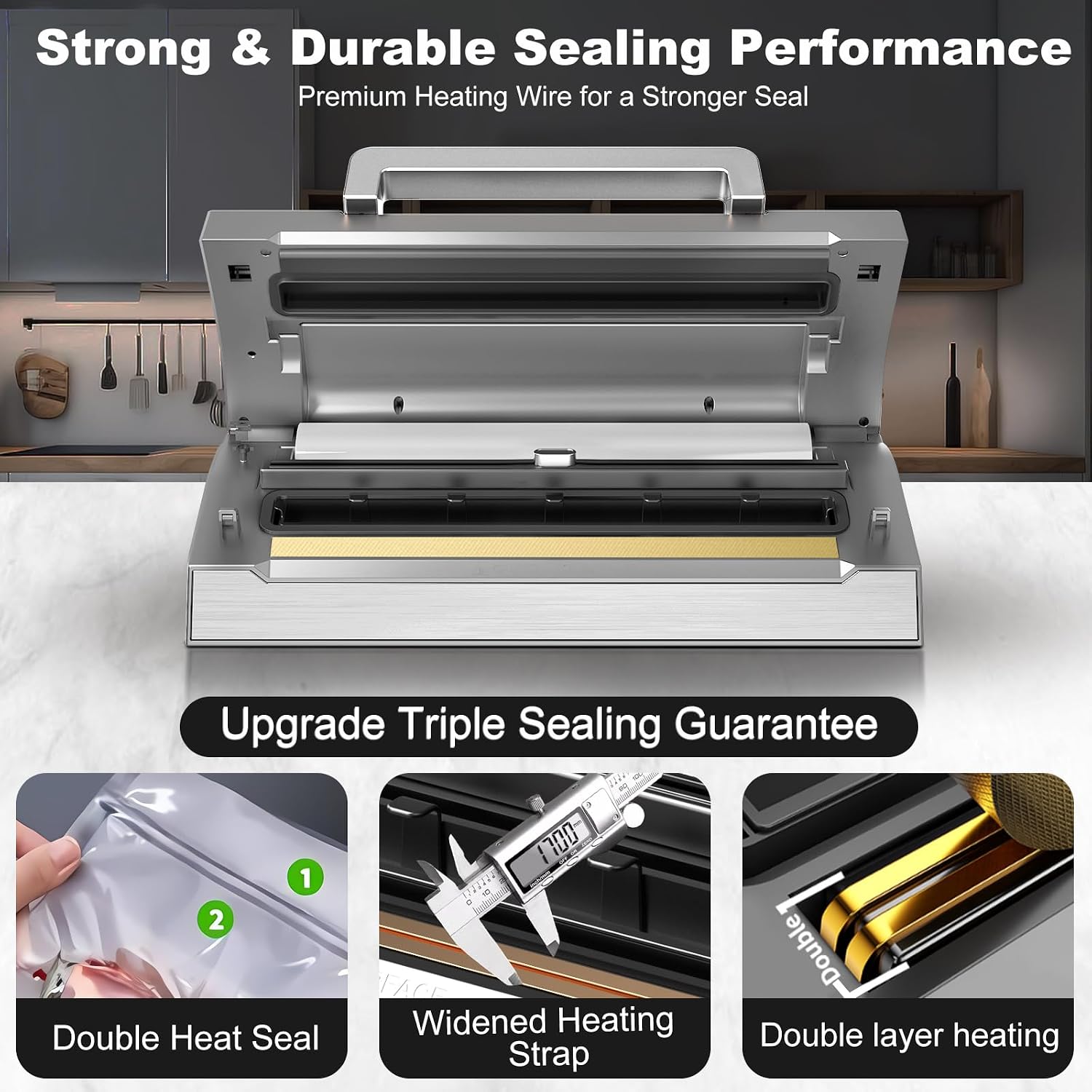 Precision Food Vacuum Sealer Machine, POWOT Fully Automatic Vacuum Sealing System, Commercial Food Vacuum Saver Pro, Double Heat Seal, Easy-Lock Handle, Built-in Cutter&Bag Storage, Hose&Bag Rolls