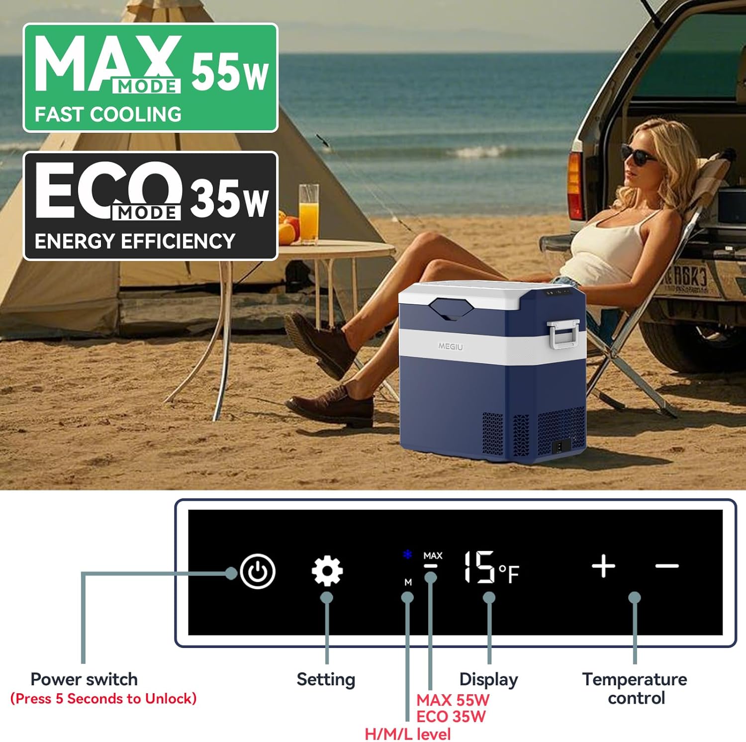 Megiu 12 Volt Refrigerator Car Fridge Portable 12V 40 Quart Freezer Compressor Cooler 12V/24V DC 110～240 V AC for Truck Van RV Camper SUV and Home Use