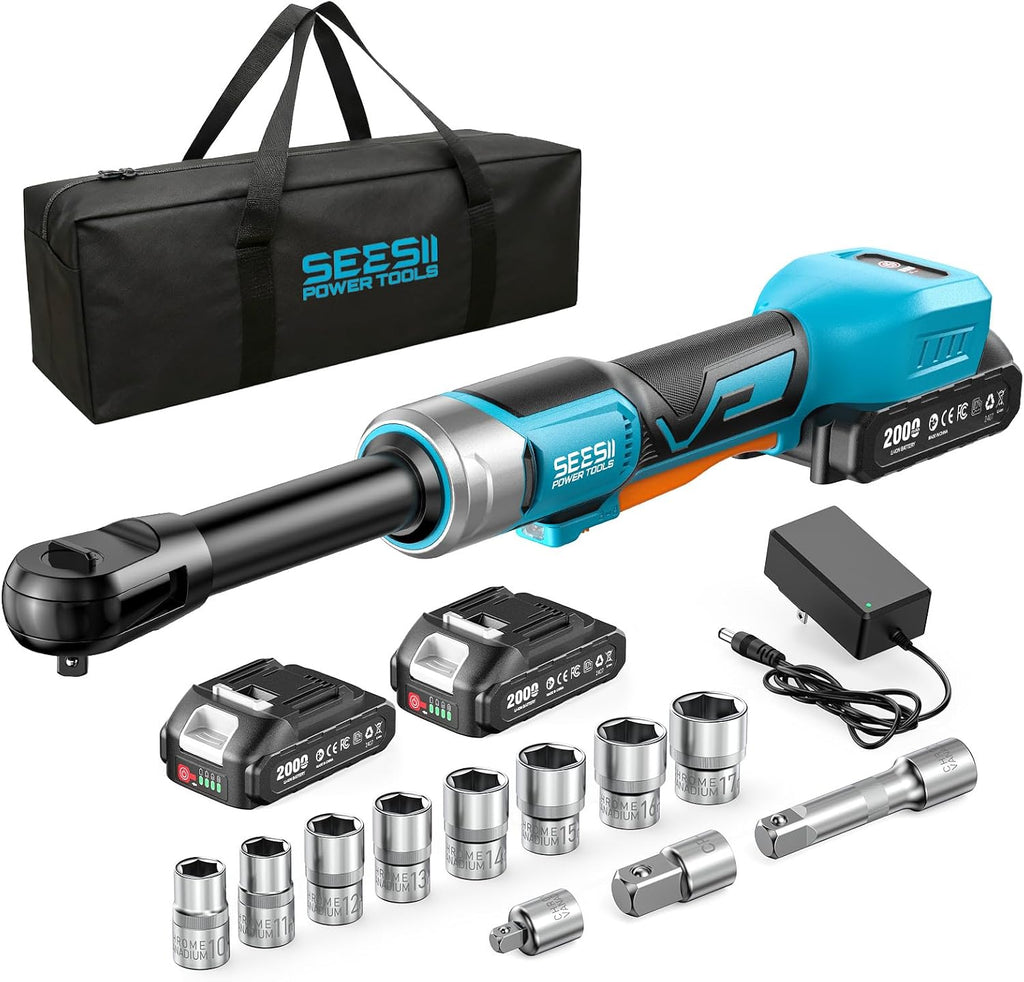 Cordless Electric Ratchet Wrench 3/8', 6' Extended Neck, 3-Speed Adjustable, 74 Ft-lbs Max Torque, 21V Power Brushless Ratchet with 2×2.0Ah Batteries & Fast Charger, 8 Sockets, 1/4'& 1/2' Adapter