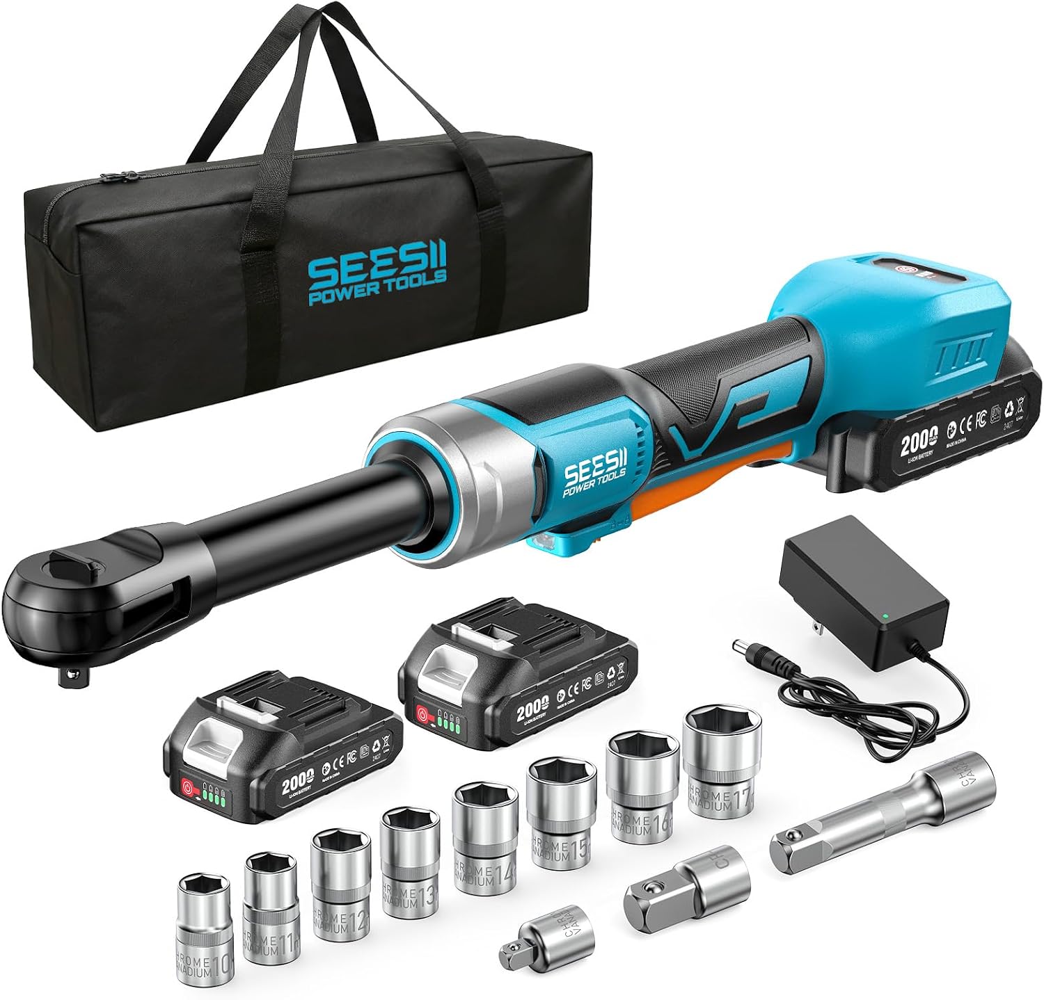 Cordless Electric Ratchet Wrench 3/8', 6' Extended Neck, 3-Speed Adjustable, 74 Ft-lbs Max Torque, 21V Power Brushless Ratchet with 2×2.0Ah Batteries & Fast Charger, 8 Sockets, 1/4'& 1/2' Adapter